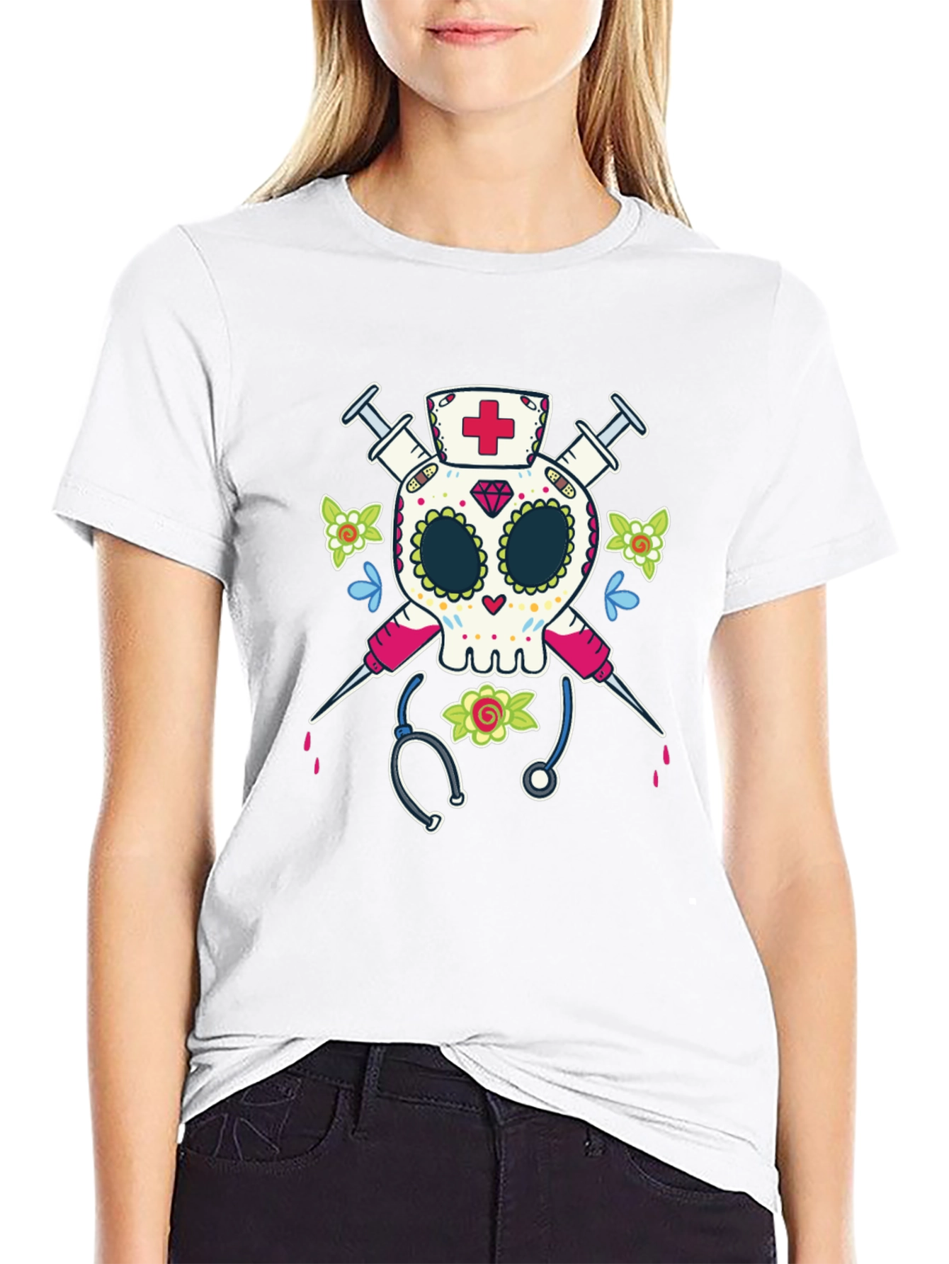 Nurse Sugar Skull T-Shirt - Halloween Medical Design