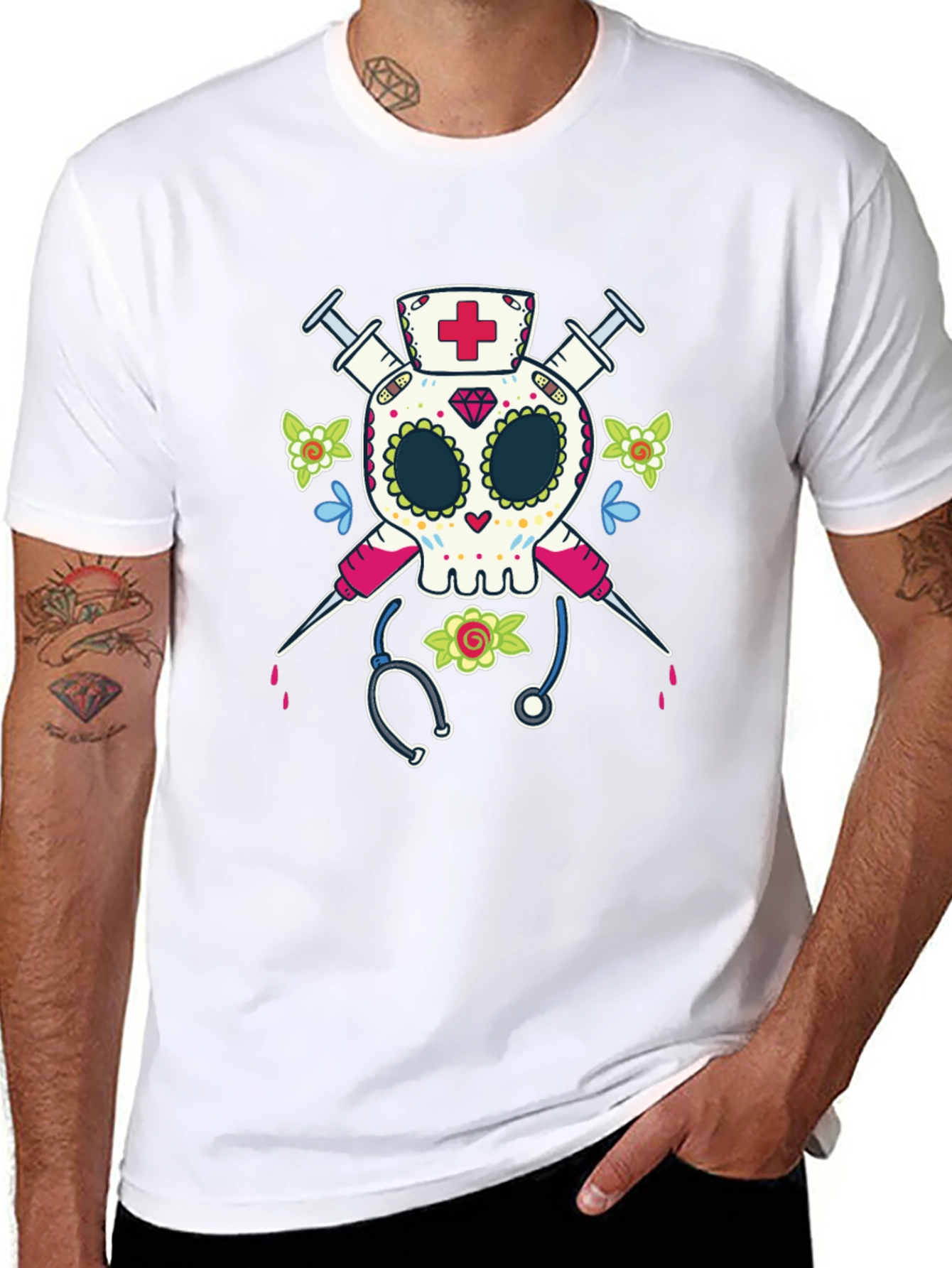 Nurse Sugar Skull T-Shirt - Halloween Medical Design