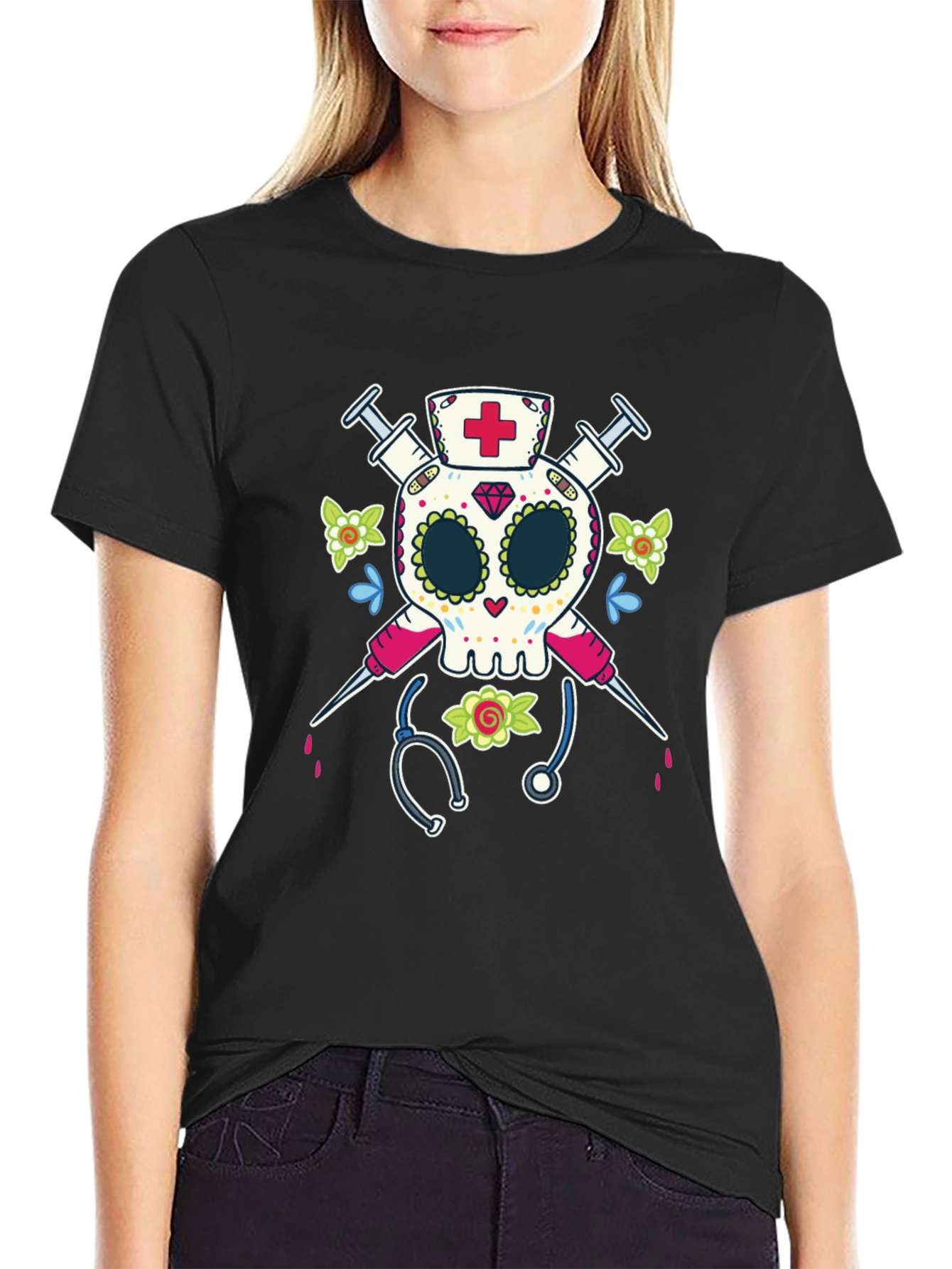 Nurse Sugar Skull T-Shirt - Halloween Medical Design