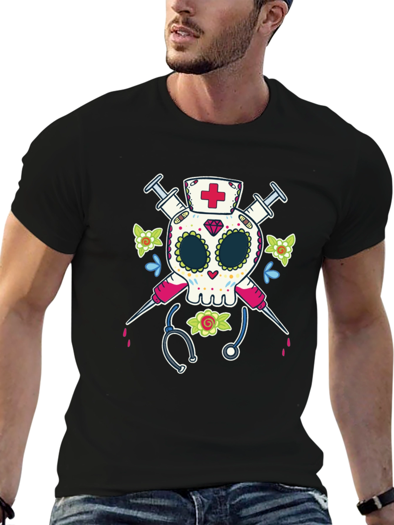 Nurse Sugar Skull T-Shirt - Halloween Medical Design