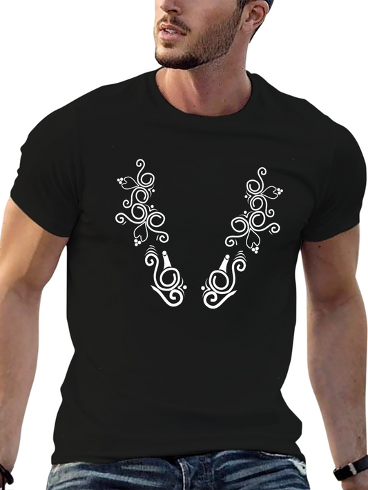 Elegant Black T-Shirt with White Ornamental Print