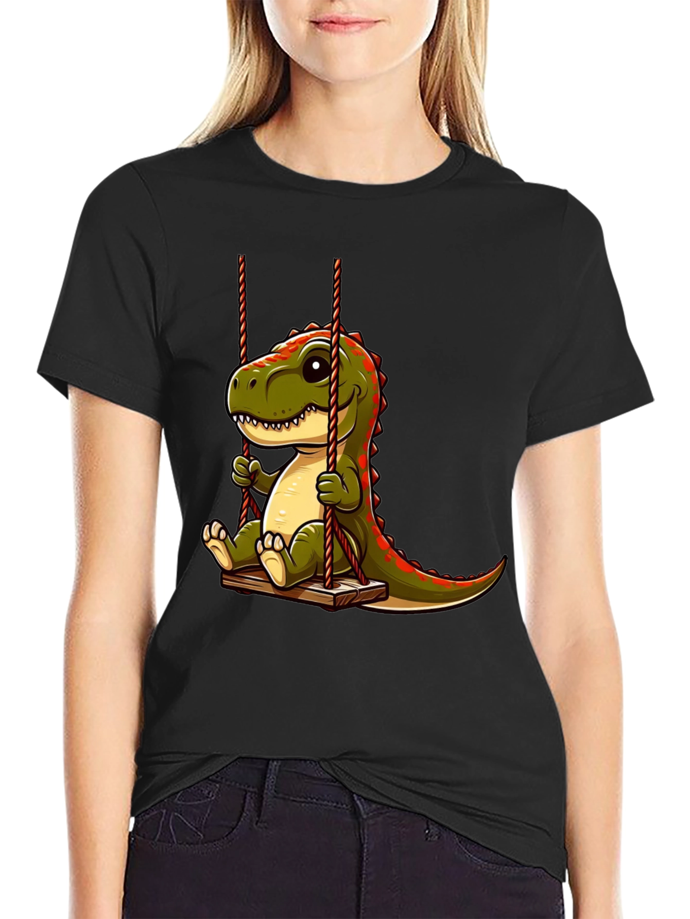 Cartoon Dinosaur On Swing Graphic T-Shirt