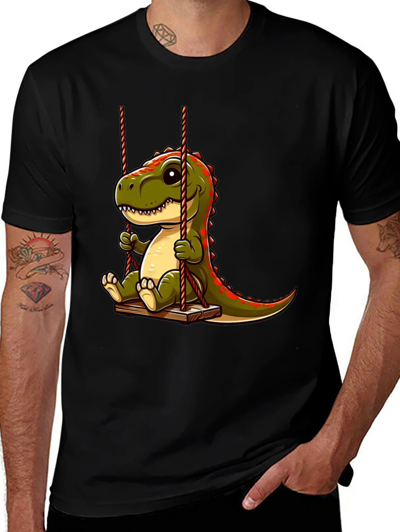 Cartoon Dinosaur On Swing Graphic T-Shirt