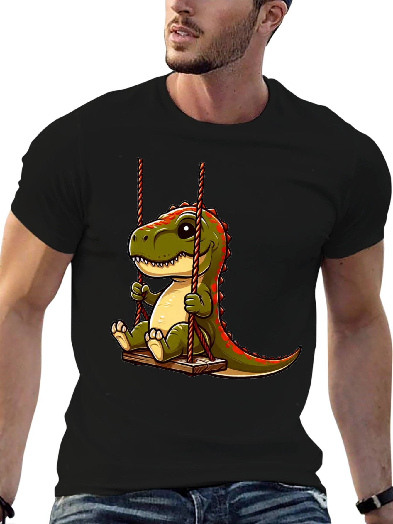 Cartoon Dinosaur On Swing Graphic T-Shirt
