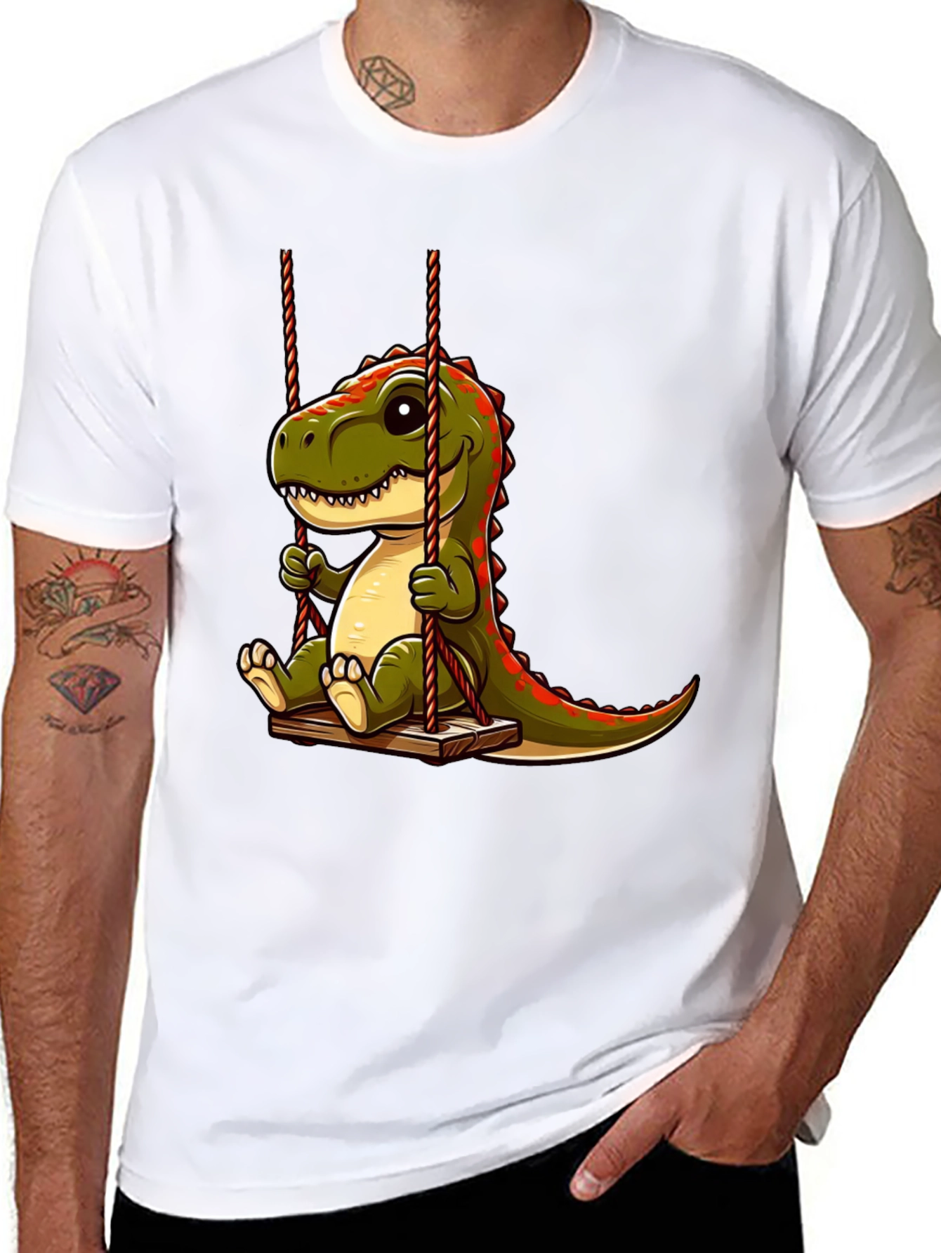 Cartoon Dinosaur On Swing Graphic T-Shirt