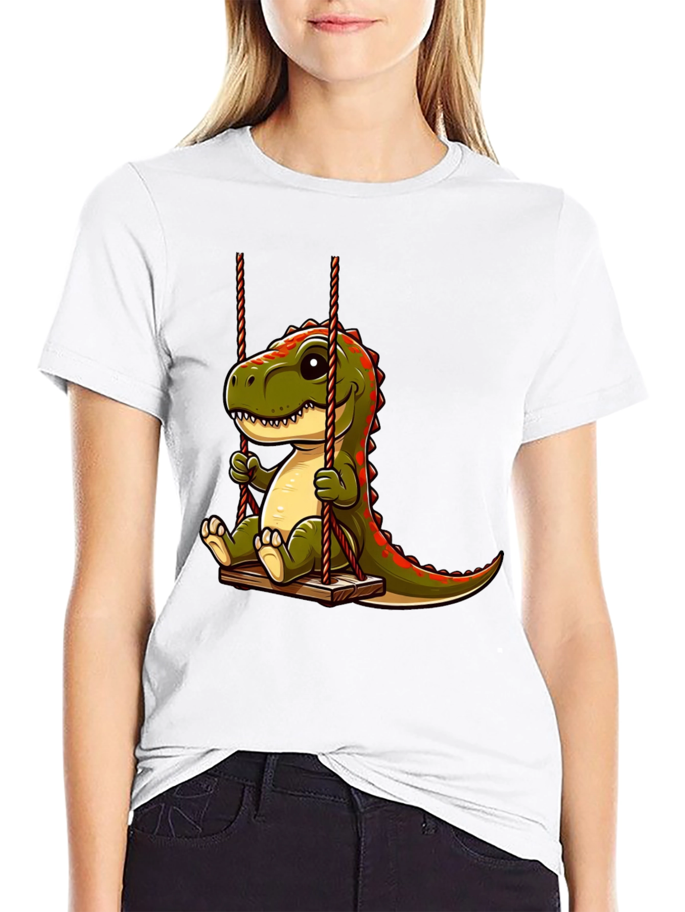 Cartoon Dinosaur On Swing Graphic T-Shirt
