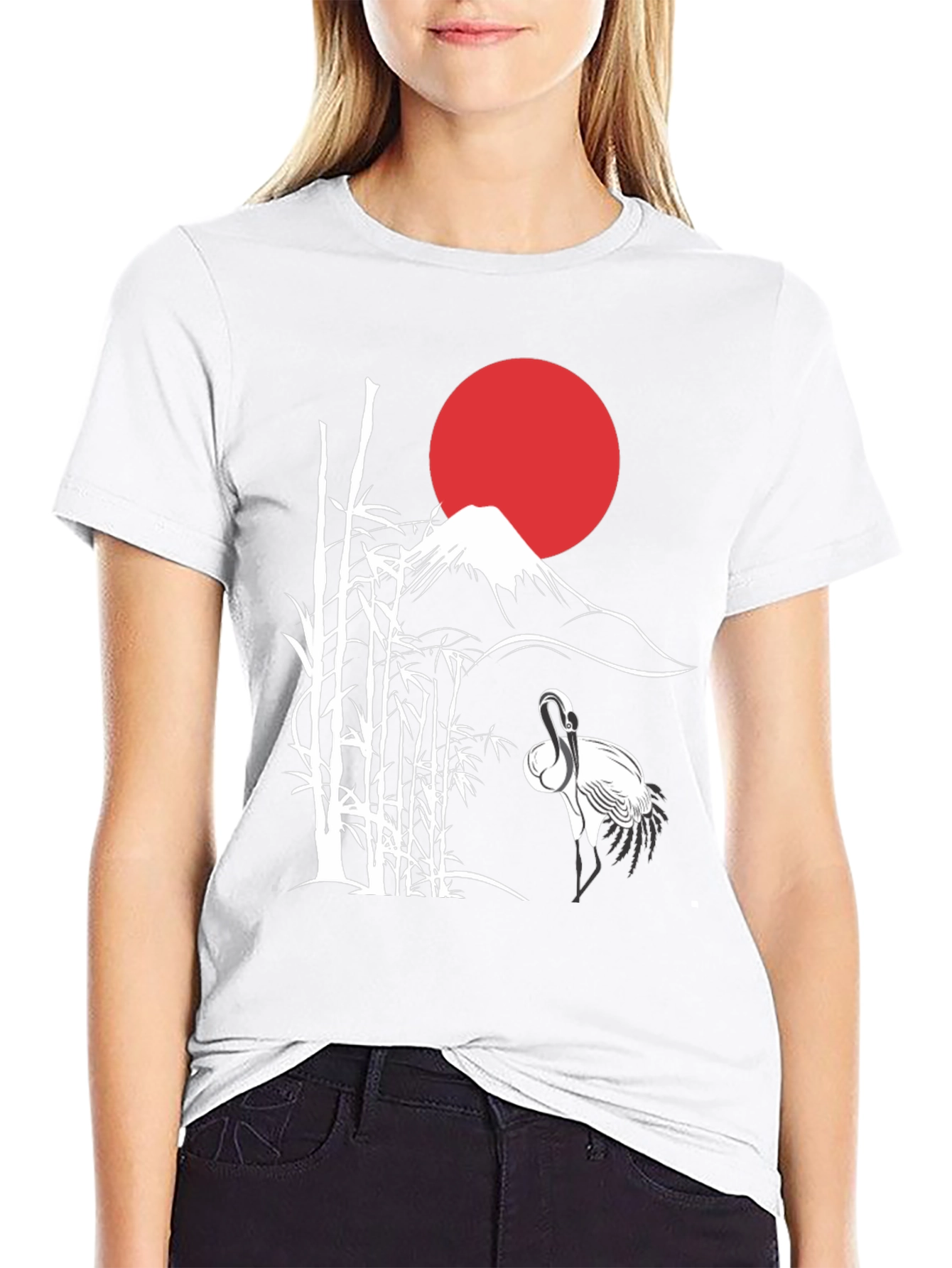 Japanese Art Crane & Mount Fuji Black T-Shirt