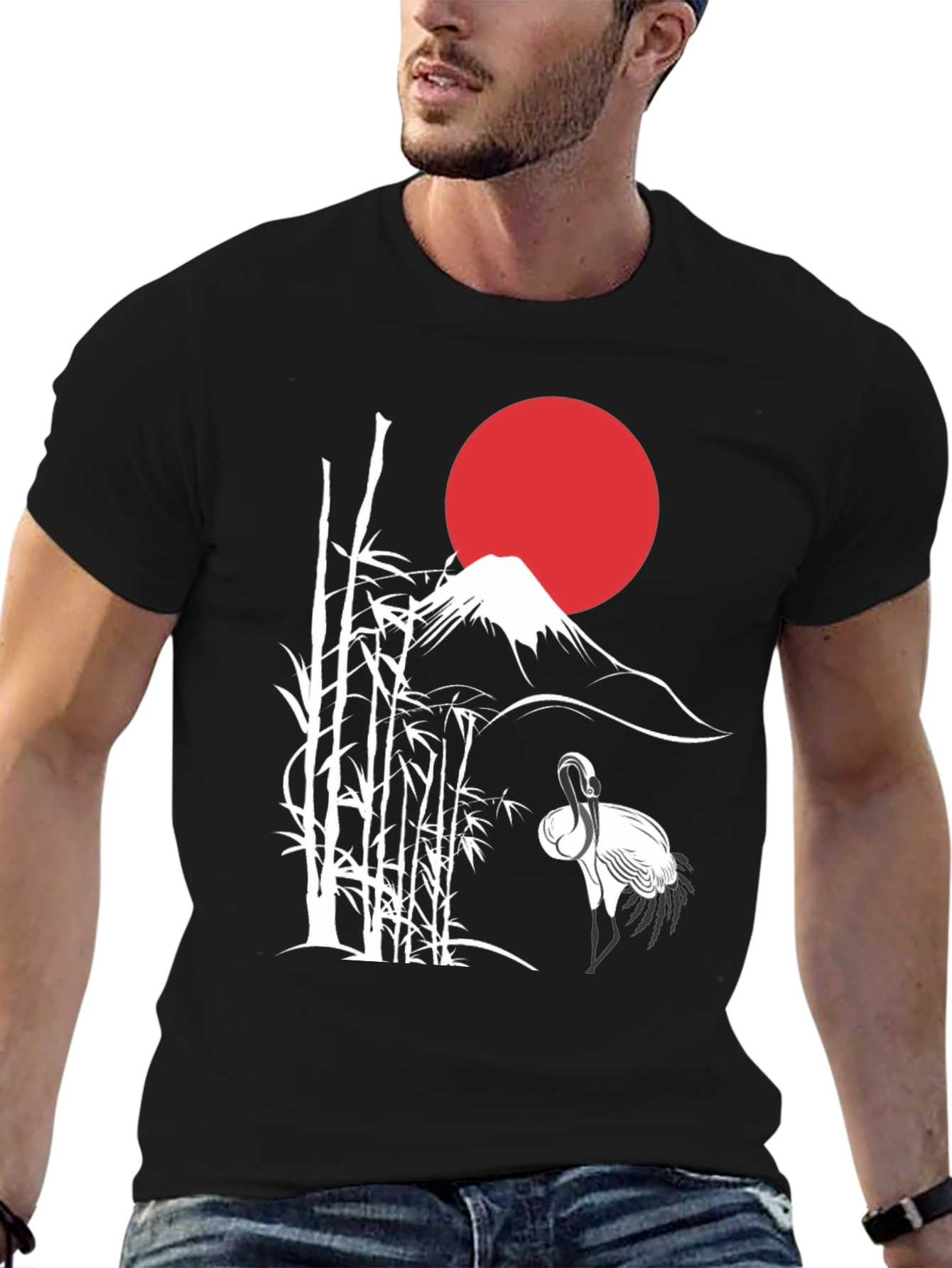 Japanese Art Crane & Mount Fuji Black T-Shirt