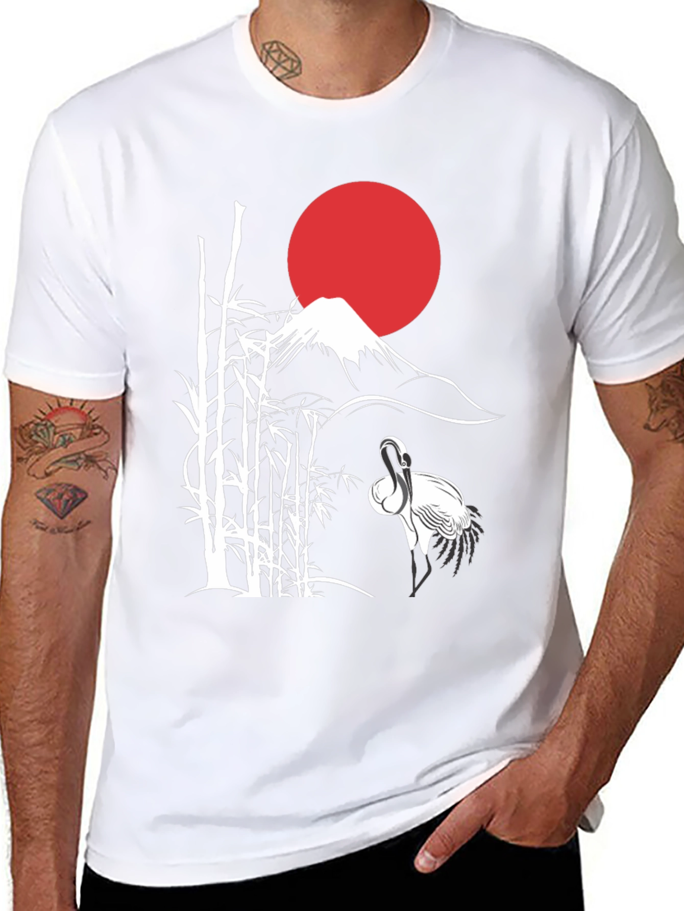 Japanese Art Crane & Mount Fuji Black T-Shirt