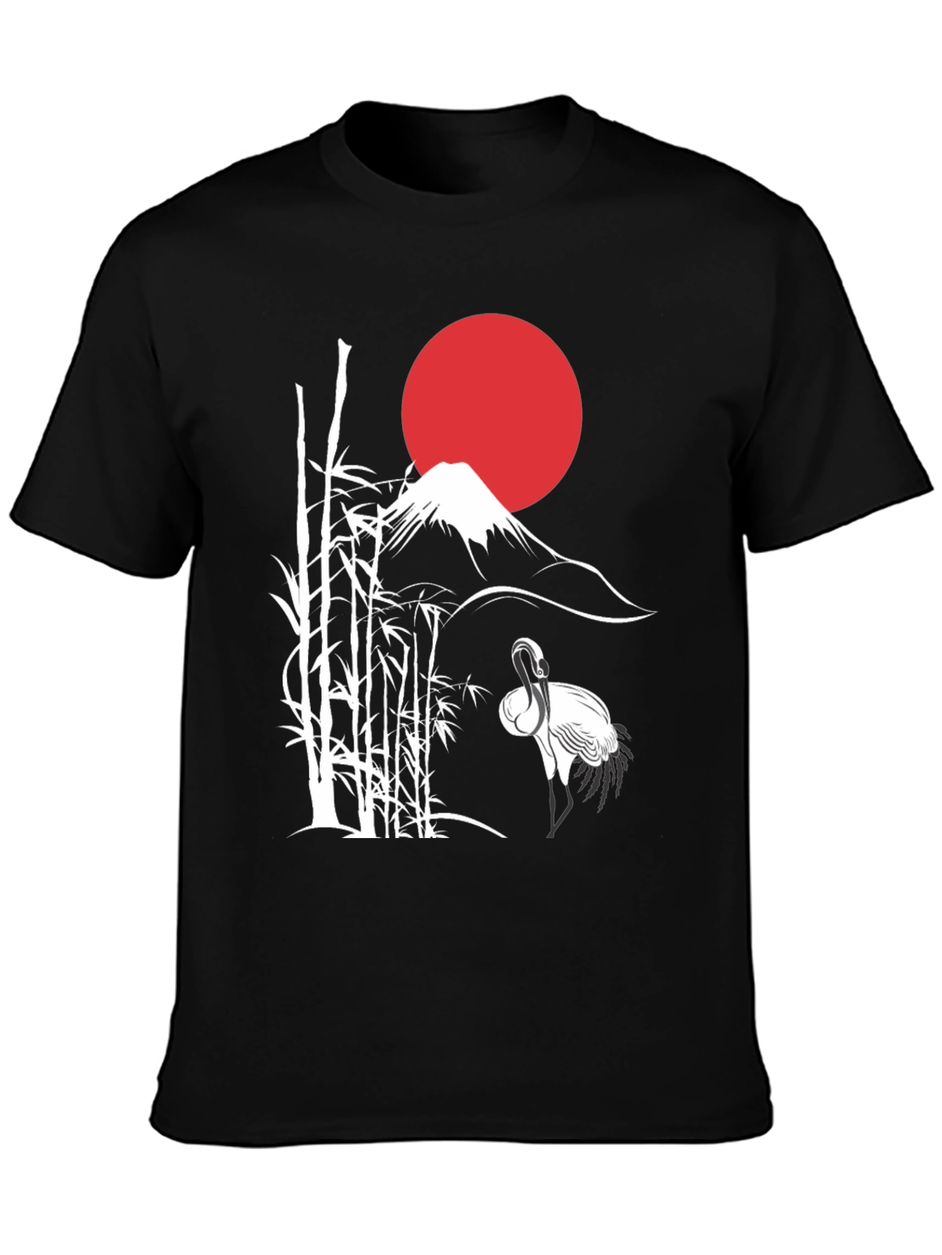 Japanese Art Crane & Mount Fuji Black T-Shirt