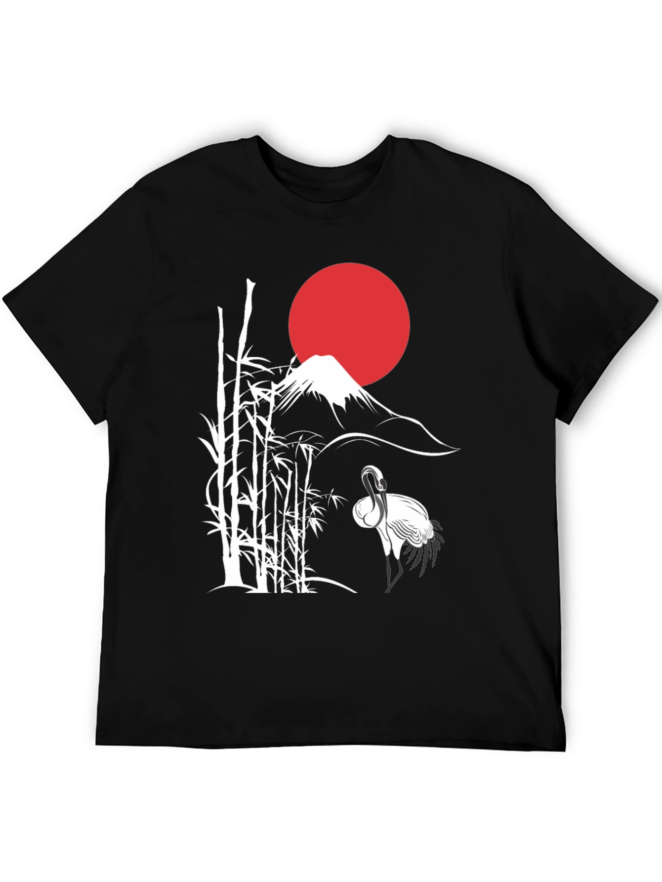 Japanese Art Crane & Mount Fuji Black T-Shirt