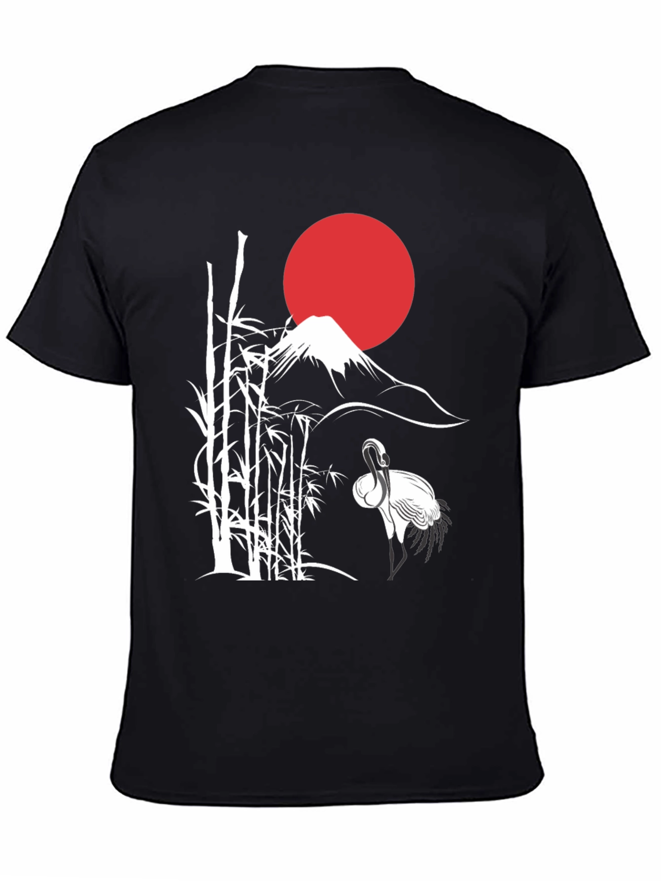 Japanese Art Crane & Mount Fuji Black T-Shirt