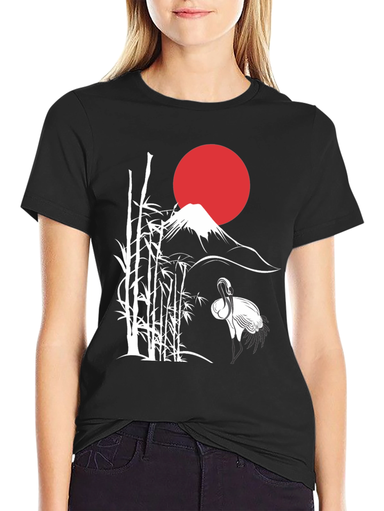 Japanese Art Crane & Mount Fuji Black T-Shirt