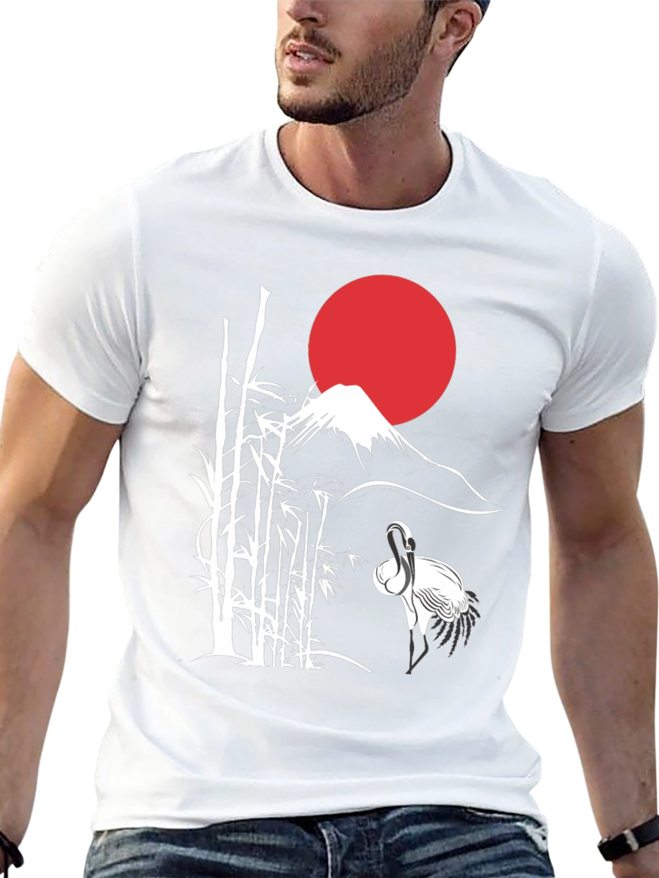 Japanese Art Crane & Mount Fuji Black T-Shirt