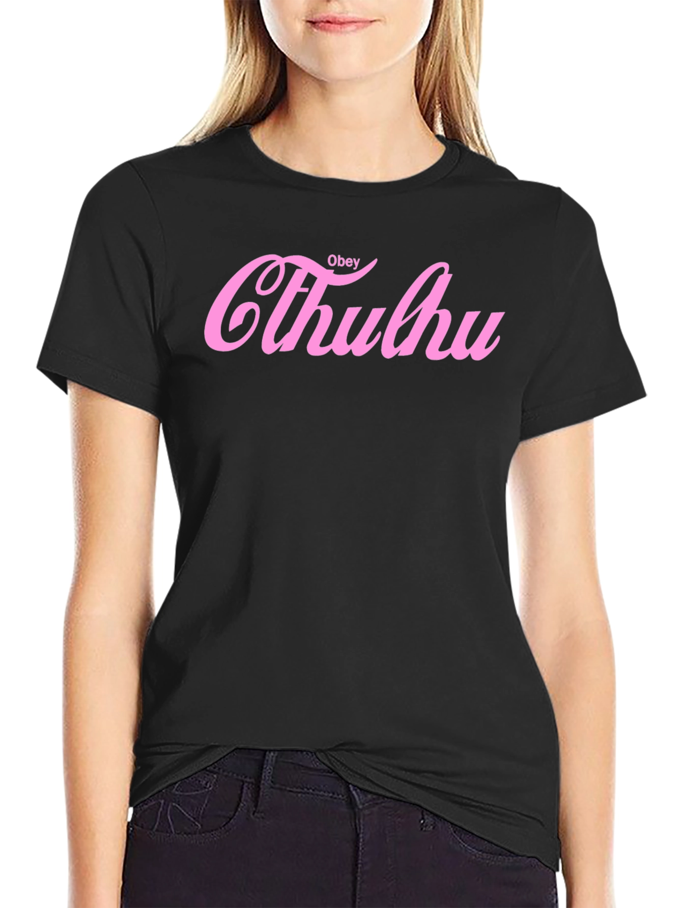 Obey Cthulhu Pink Print Black T-Shirt