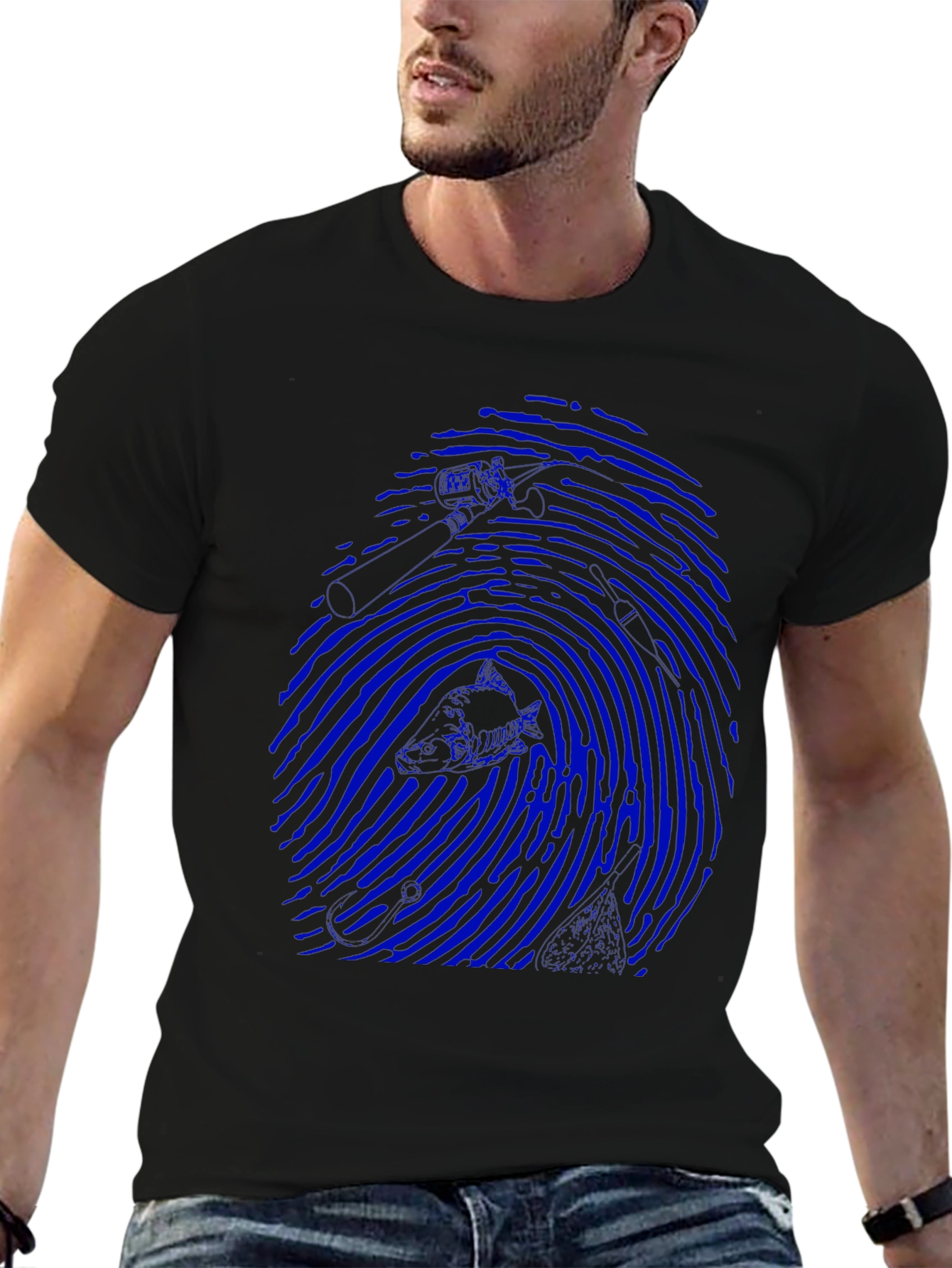 Blue Fingerprint Graphic Black T-Shirt