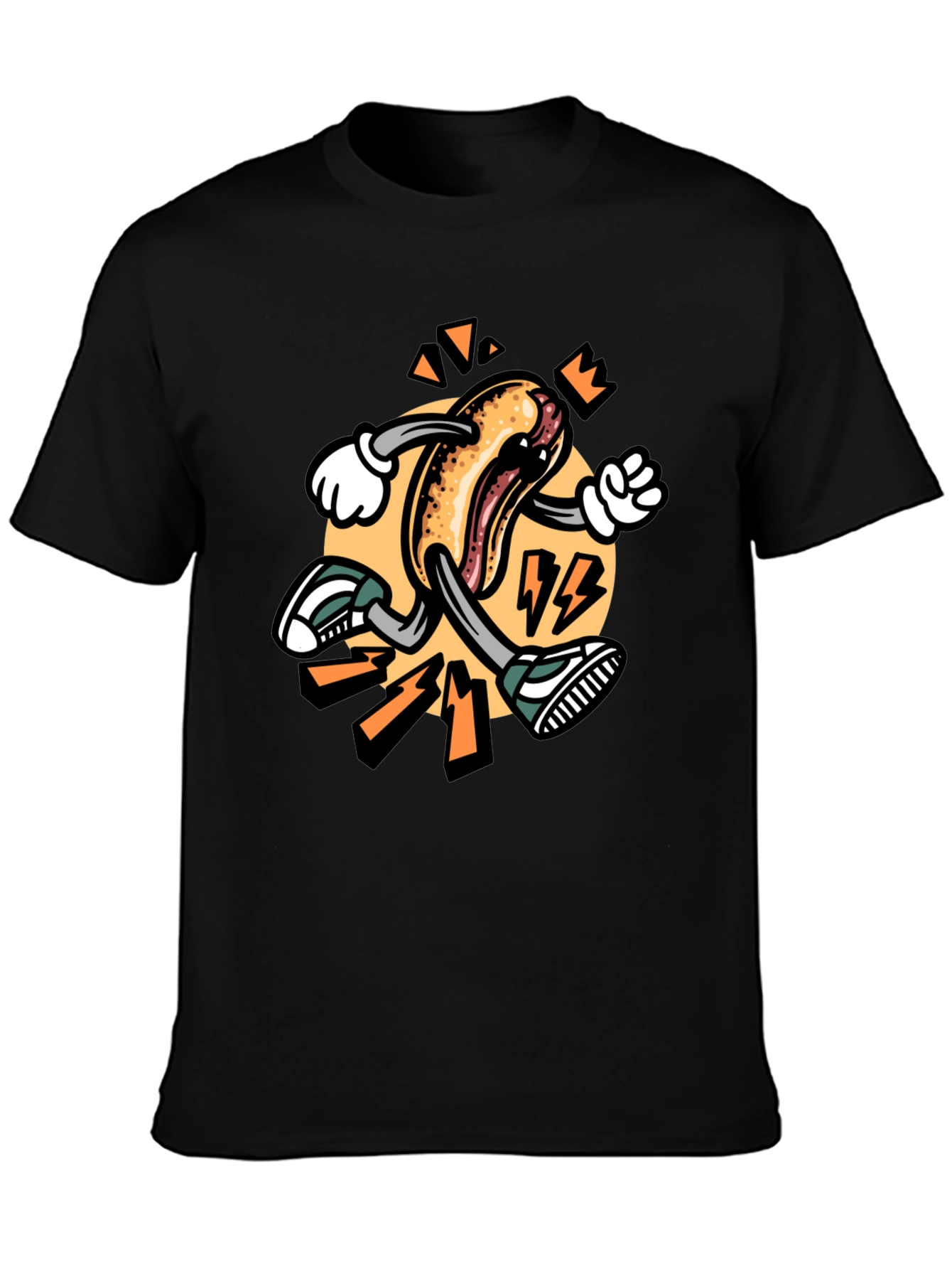 Cartoon Hotdog Running Black T-Shirt