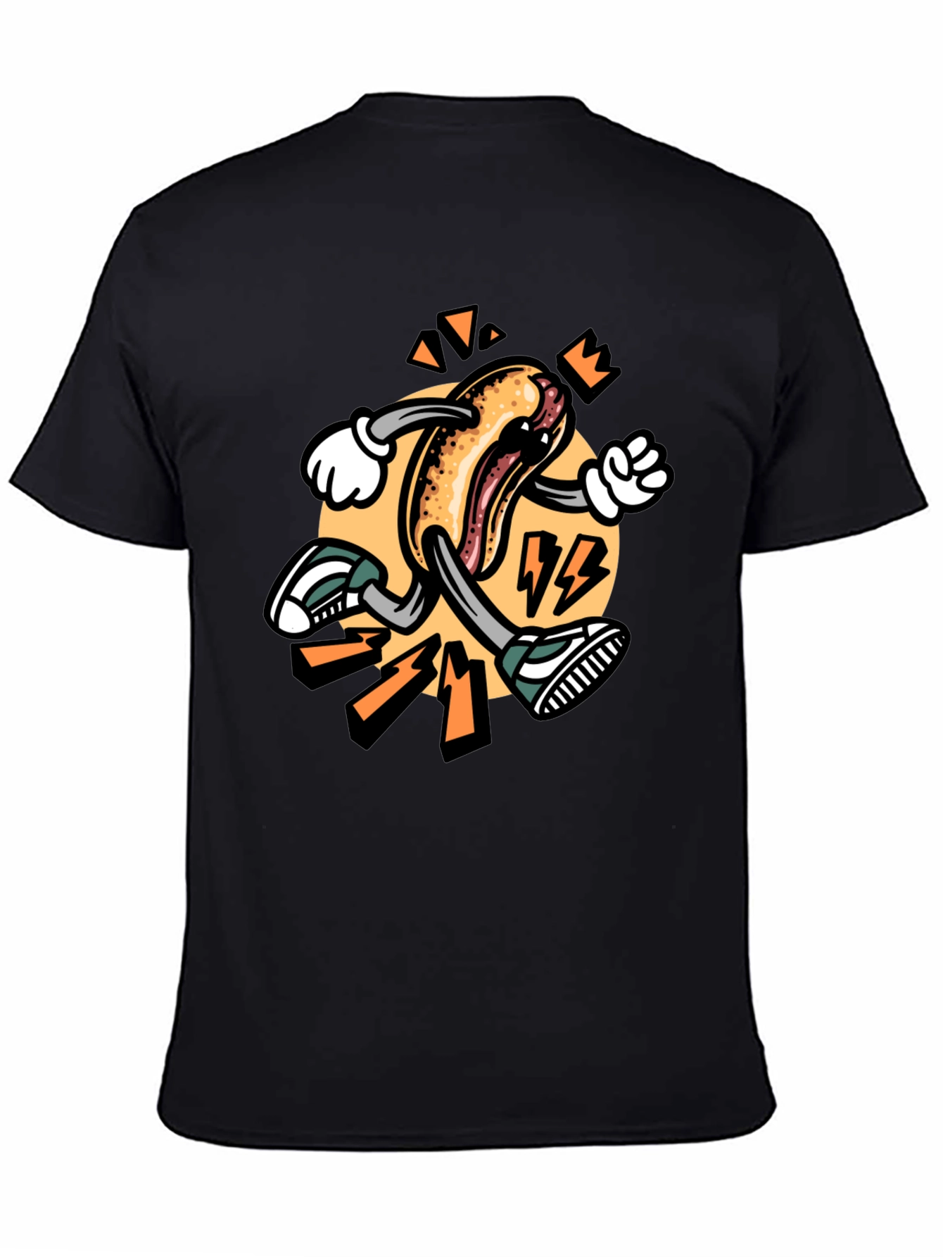 Cartoon Hotdog Running Black T-Shirt