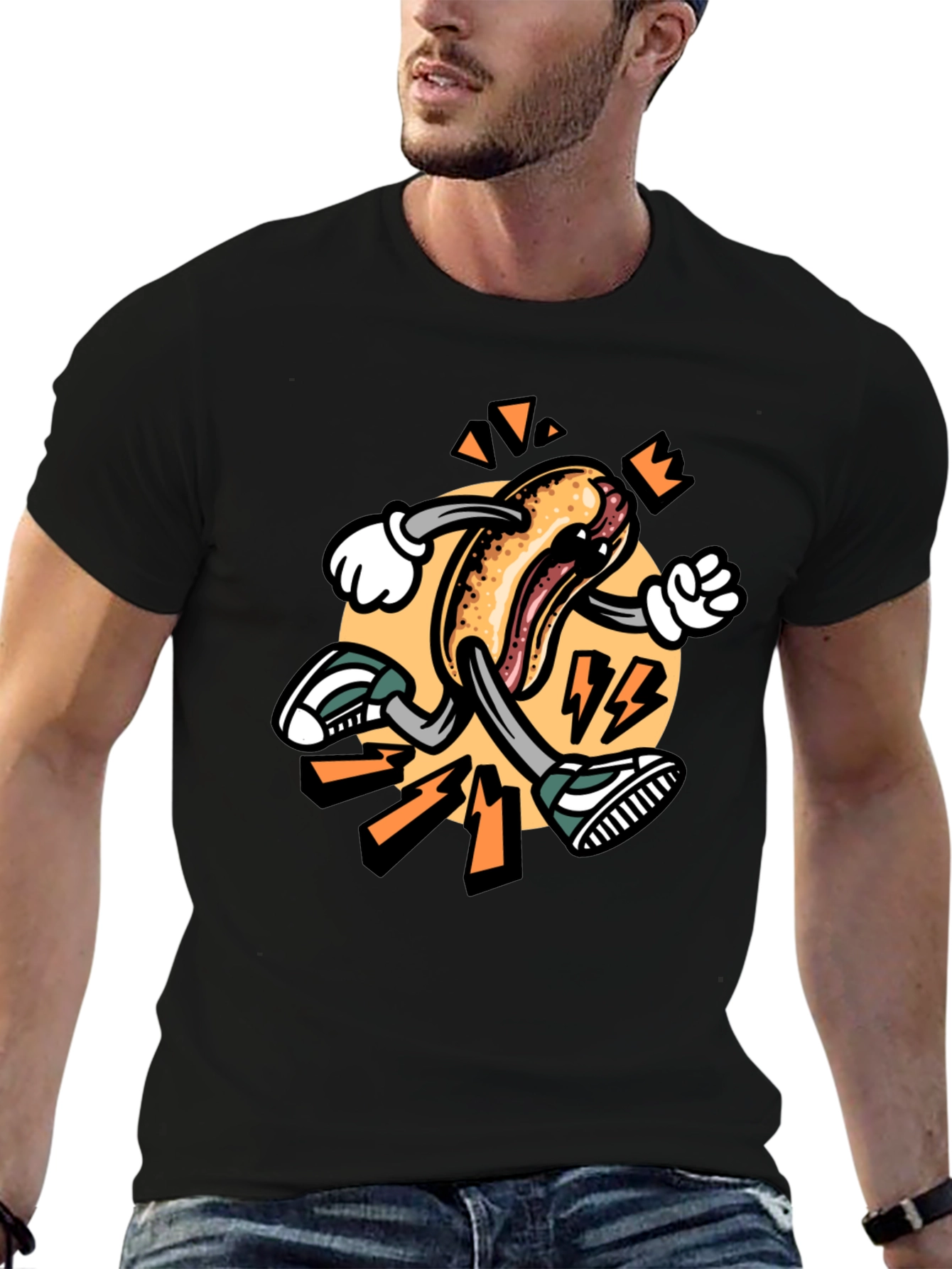 Cartoon Hotdog Running Black T-Shirt