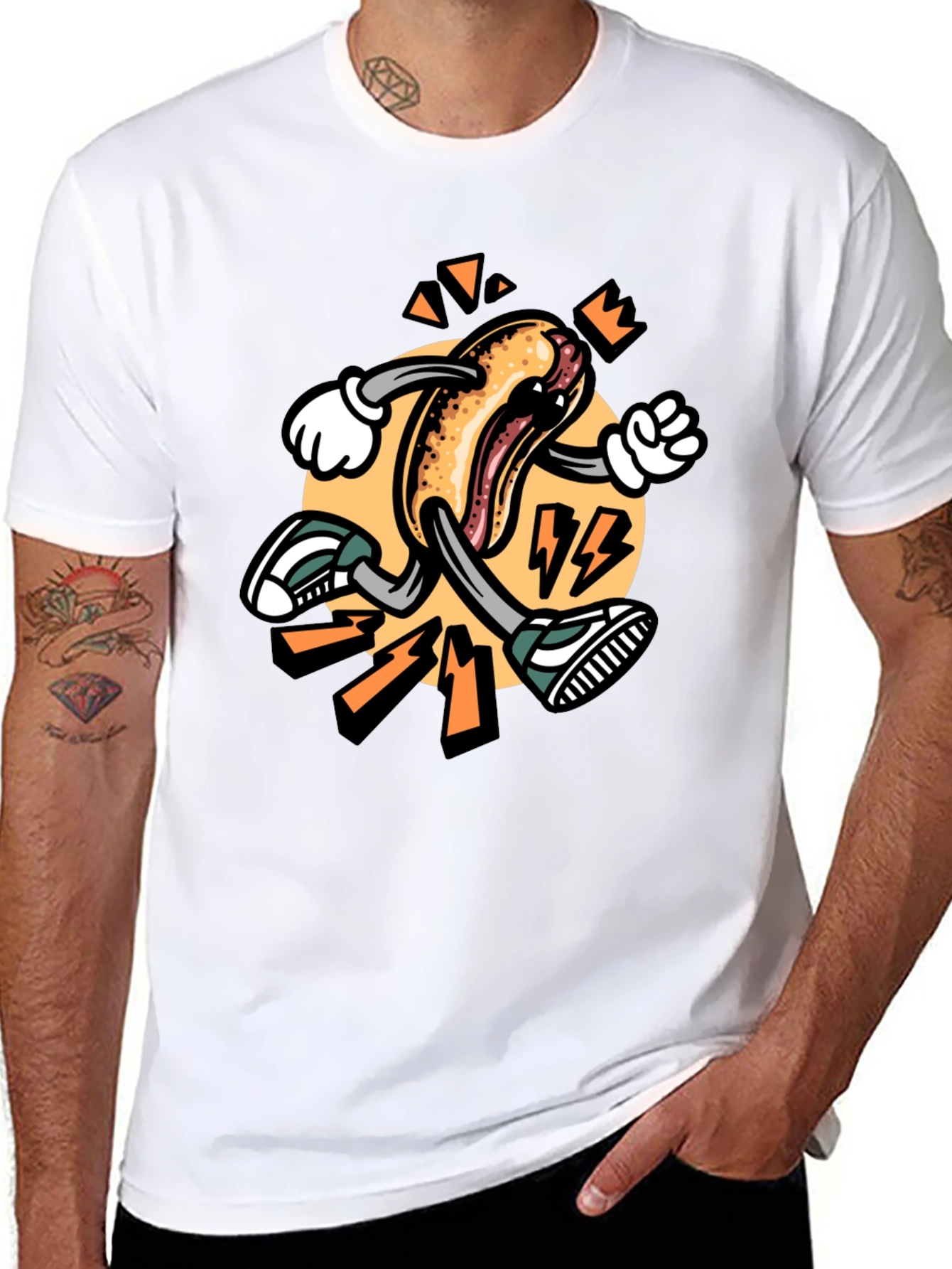 Cartoon Hotdog Running Black T-Shirt