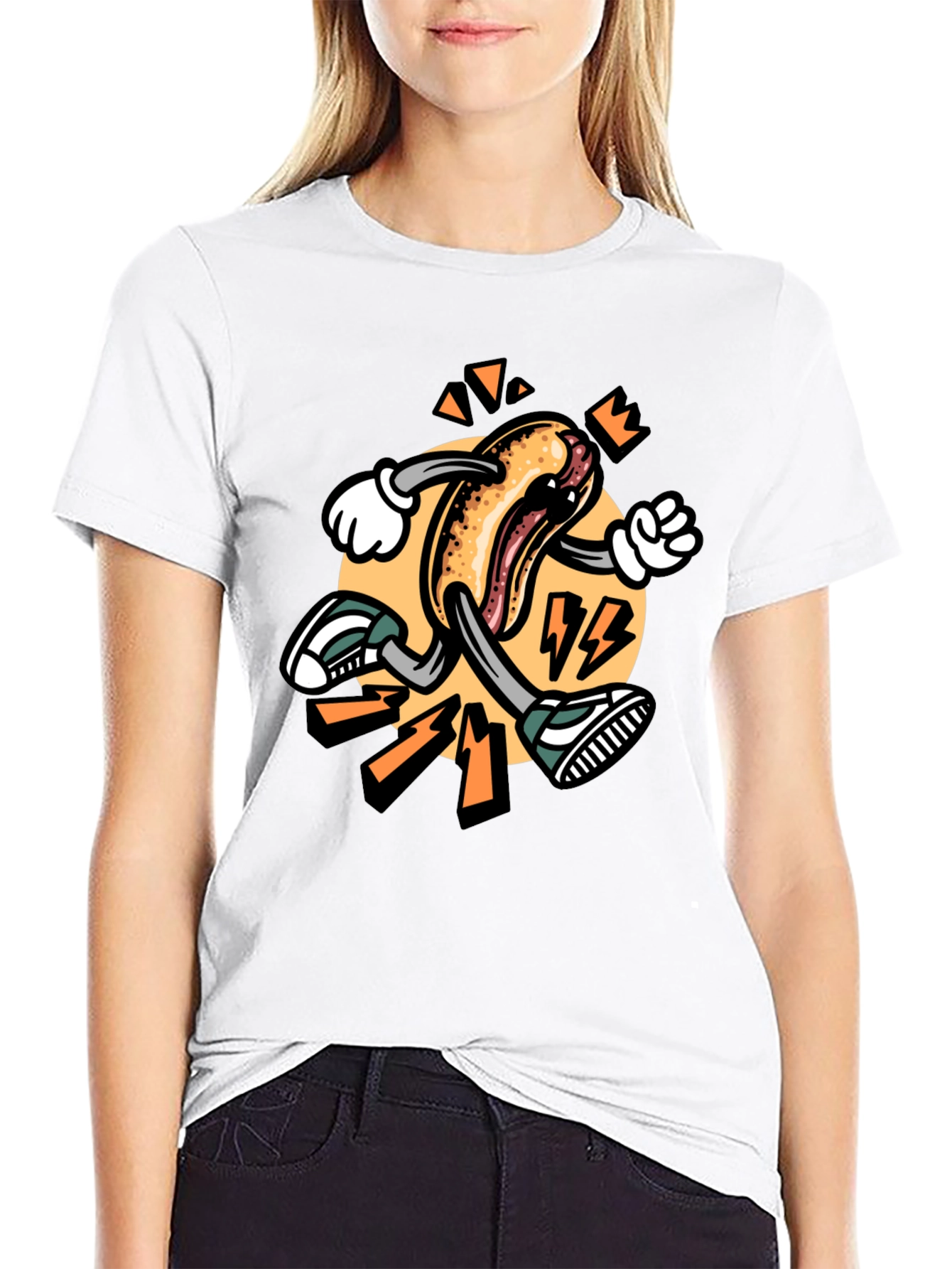 Cartoon Hotdog Running Black T-Shirt