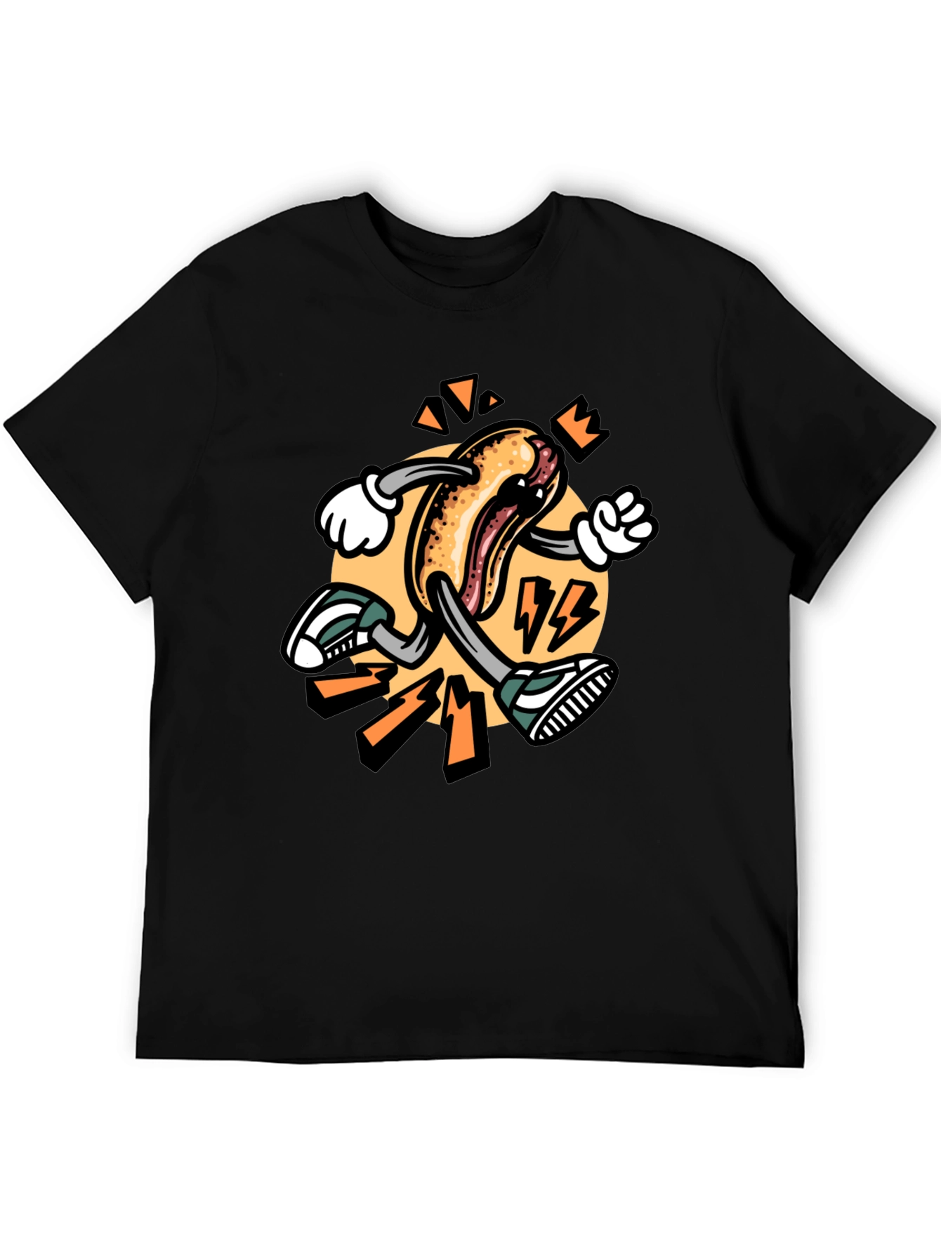 Cartoon Hotdog Running Black T-Shirt