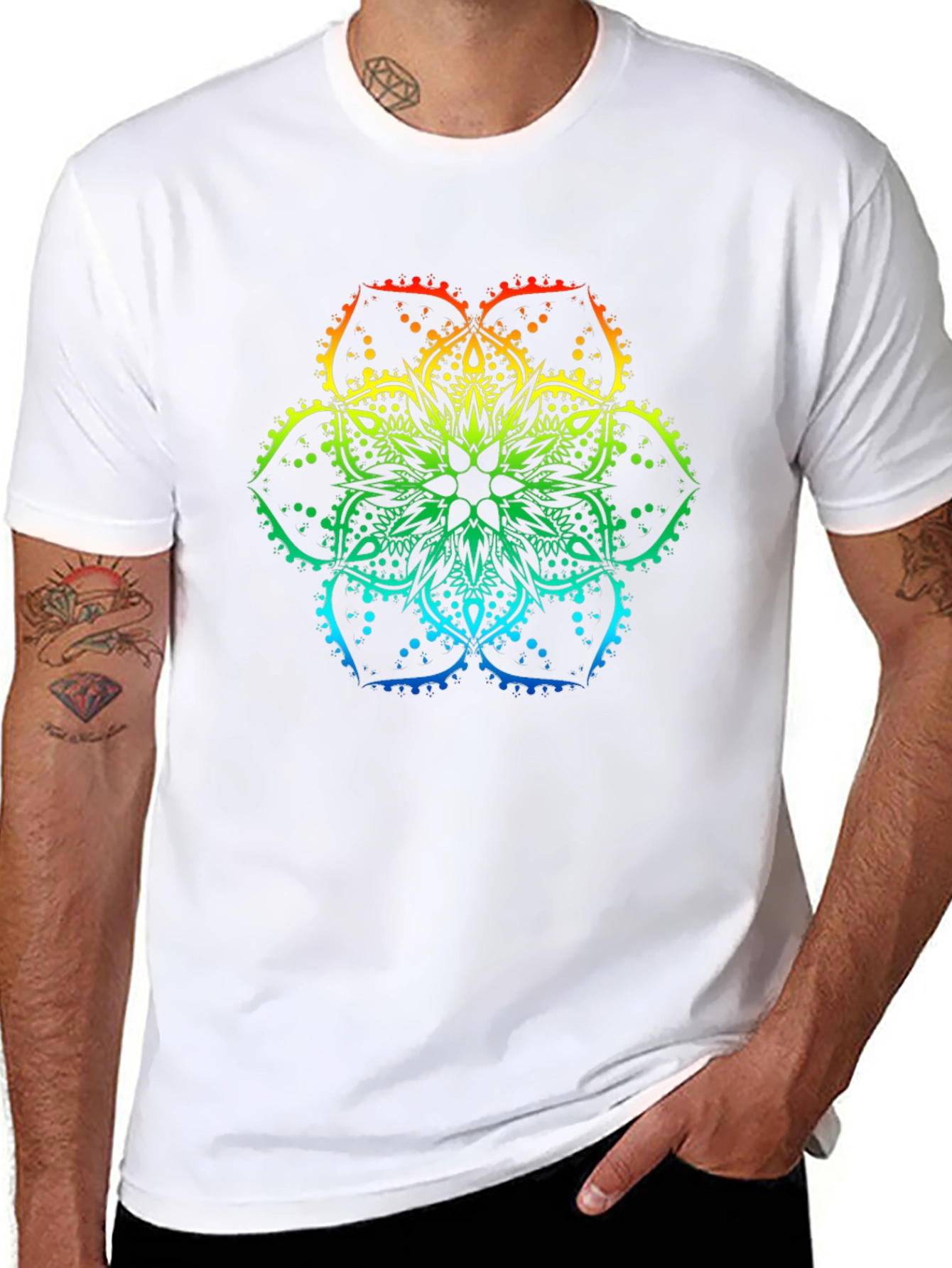 Rainbow Mandala Print Black T-Shirt