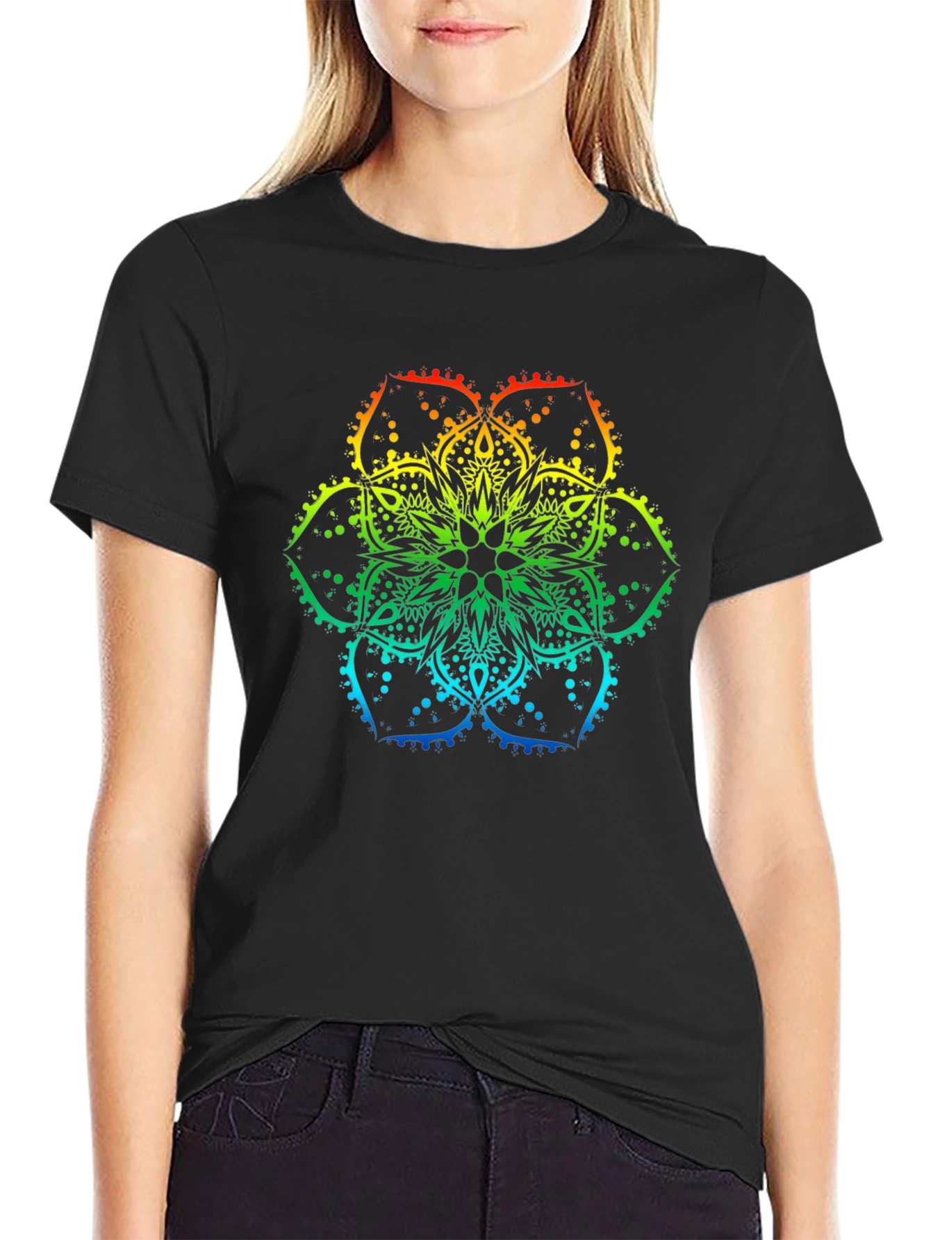 Rainbow Mandala Print Black T-Shirt