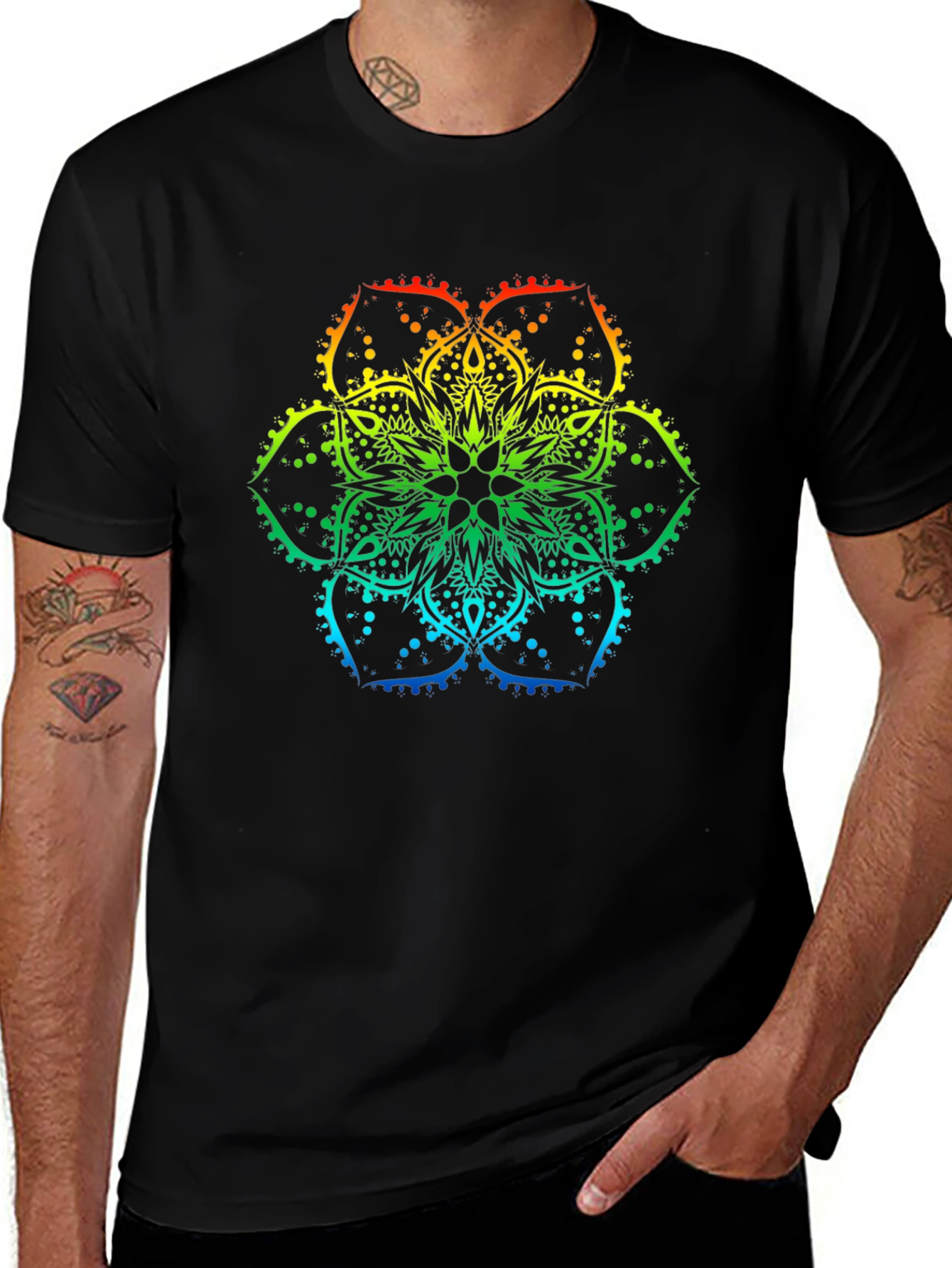 Rainbow Mandala Print Black T-Shirt
