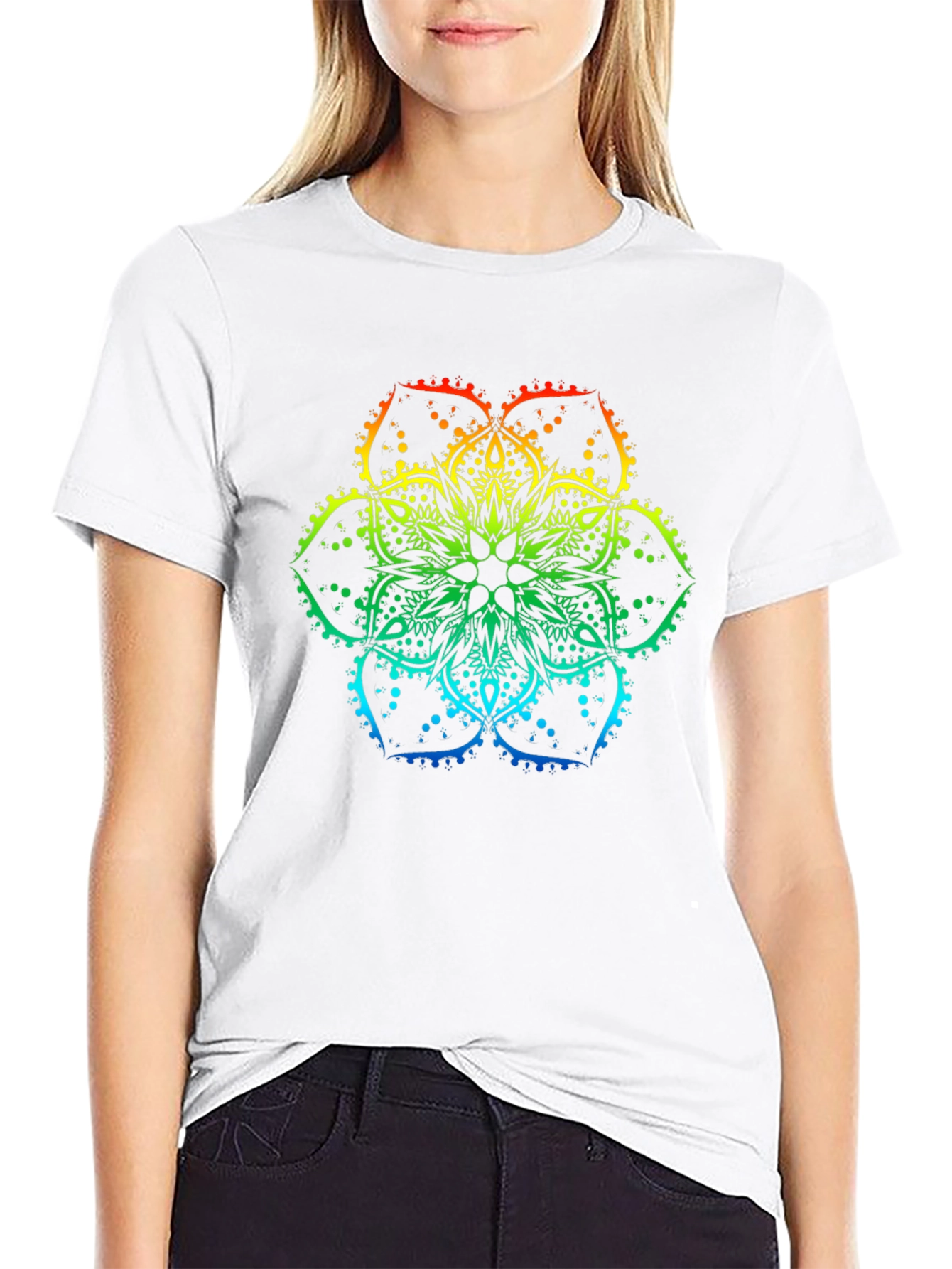 Rainbow Mandala Print Black T-Shirt