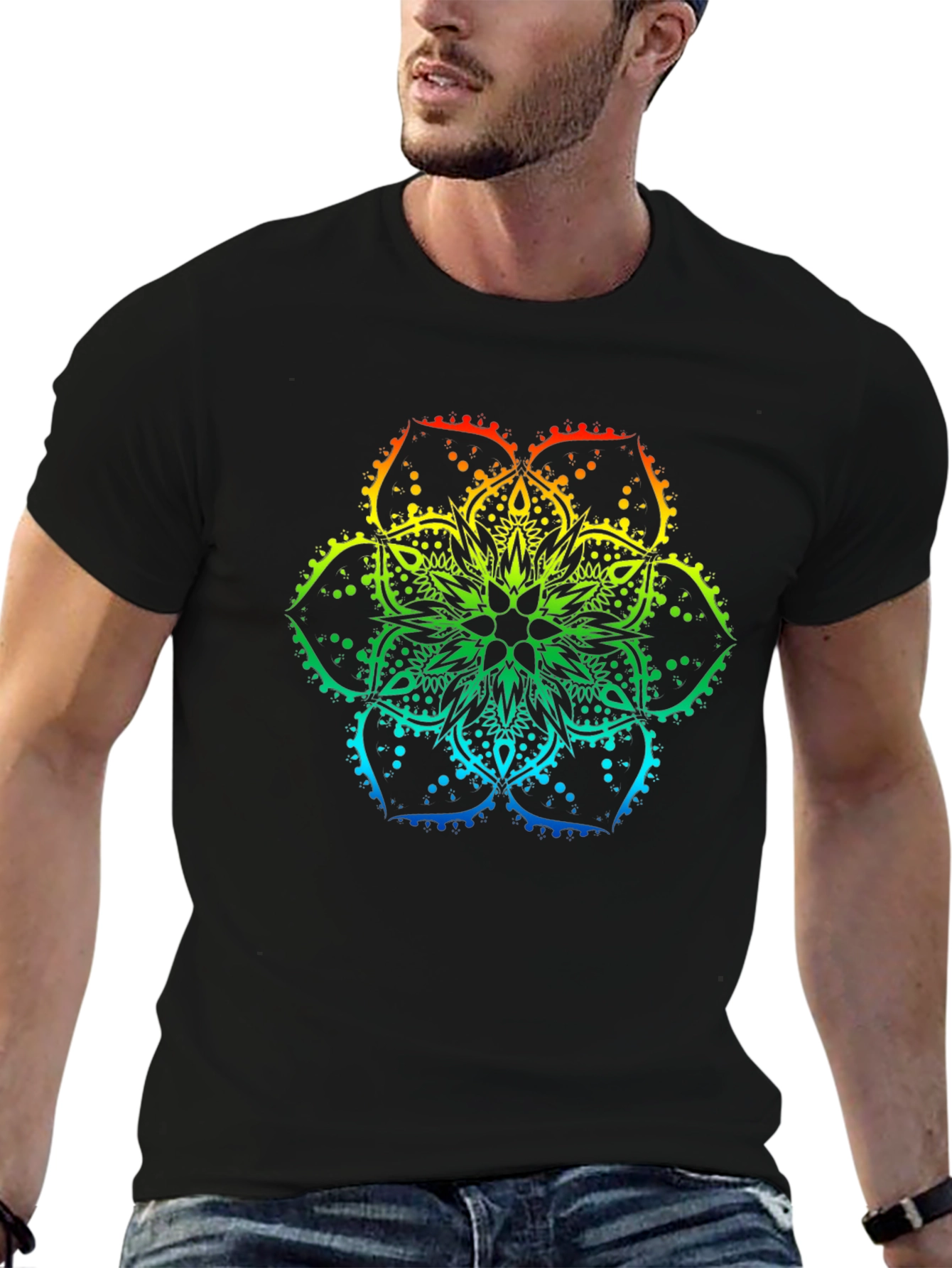 Rainbow Mandala Print Black T-Shirt