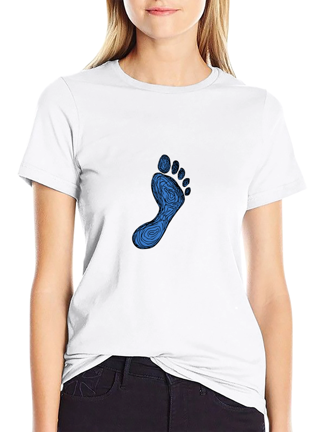 Mens Black T-Shirt with Blue Footprint Graphic