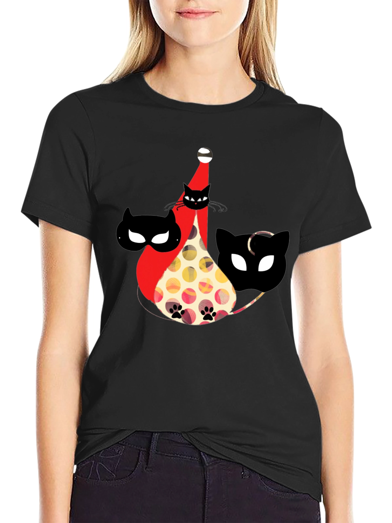 Whimsical Cat Print Black T-Shirt