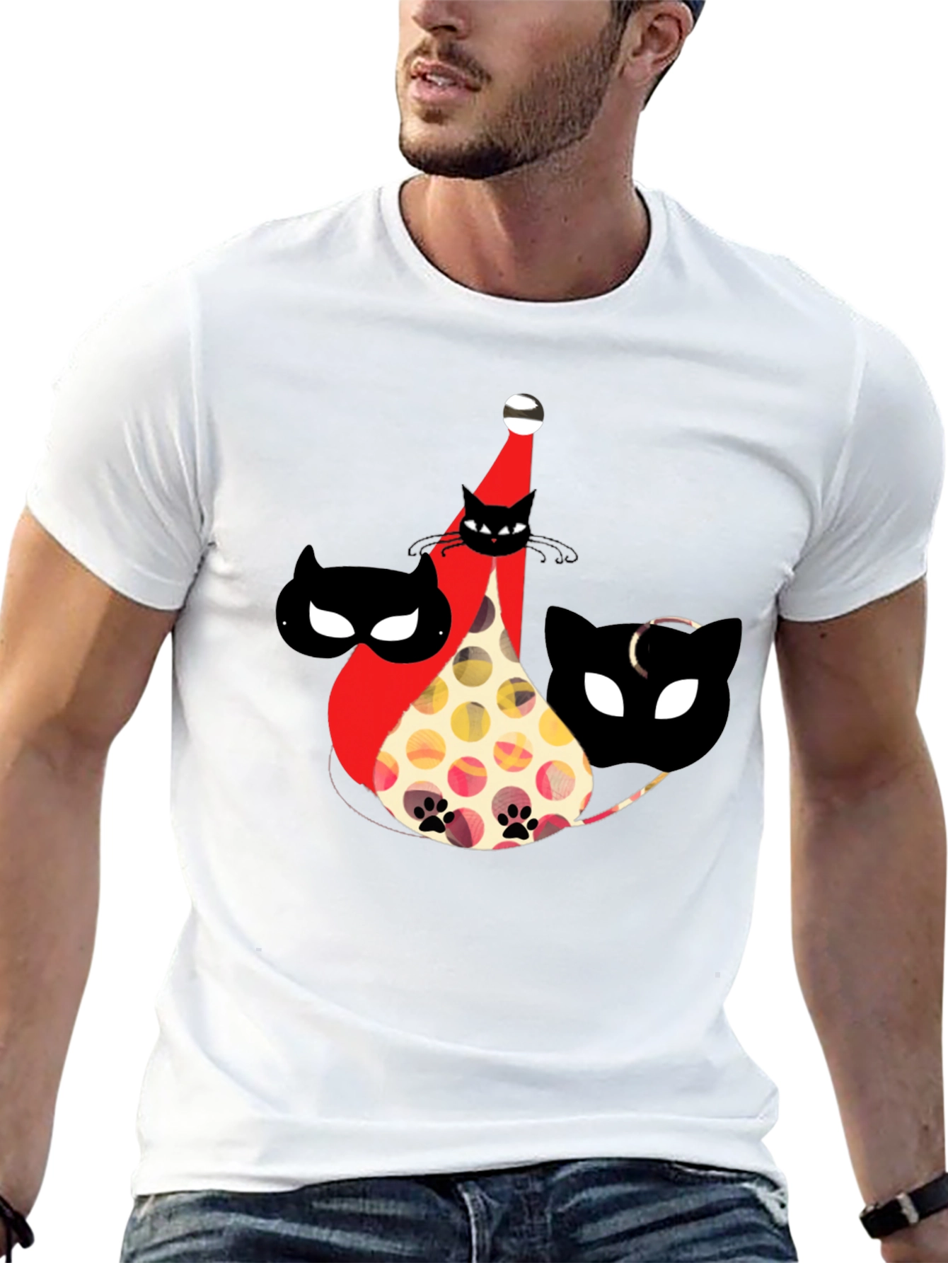 Whimsical Cat Print Black T-Shirt