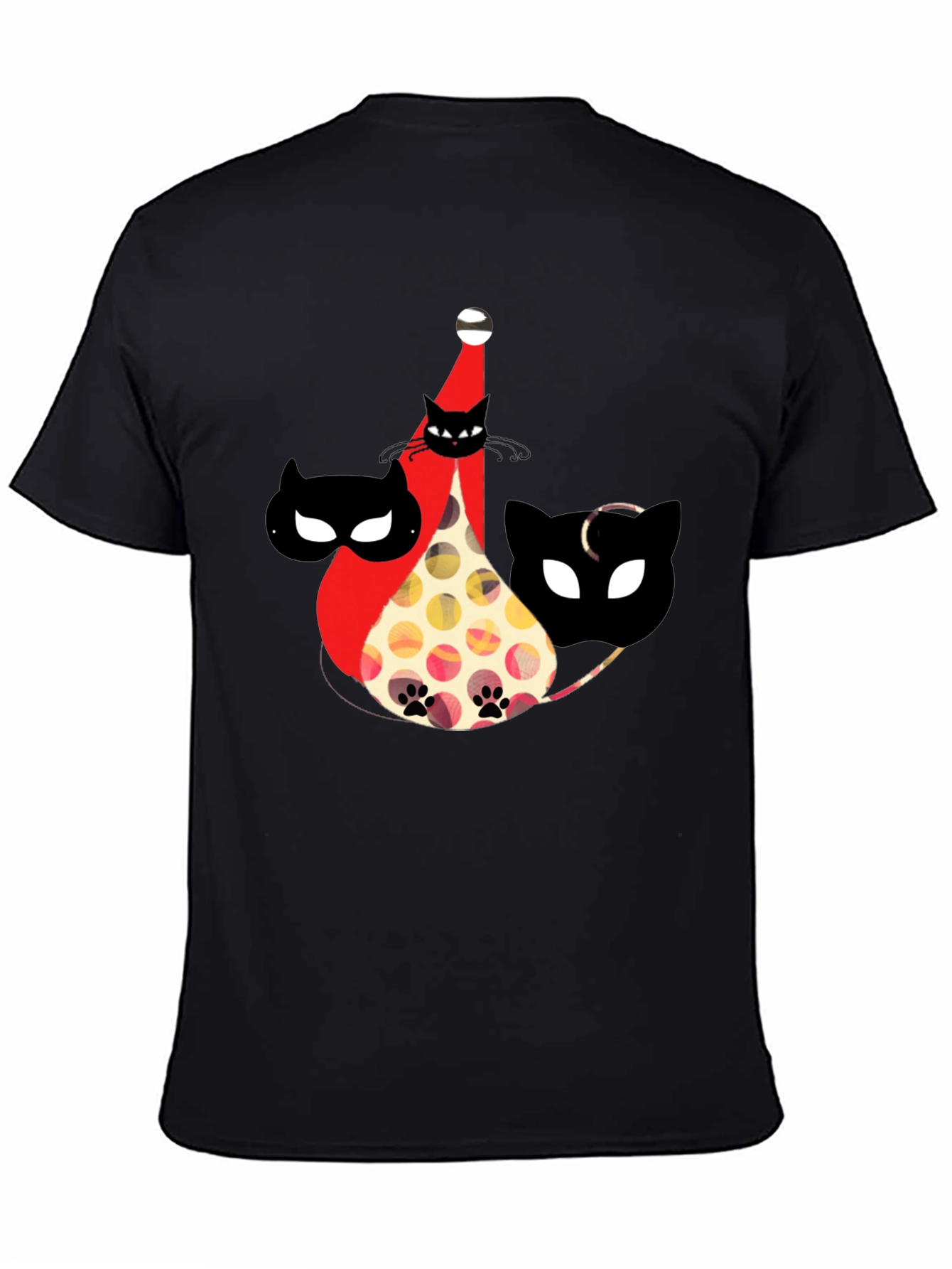 Whimsical Cat Print Black T-Shirt