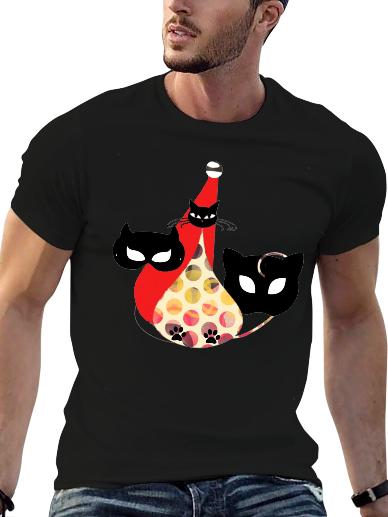 Whimsical Cat Print Black T-Shirt