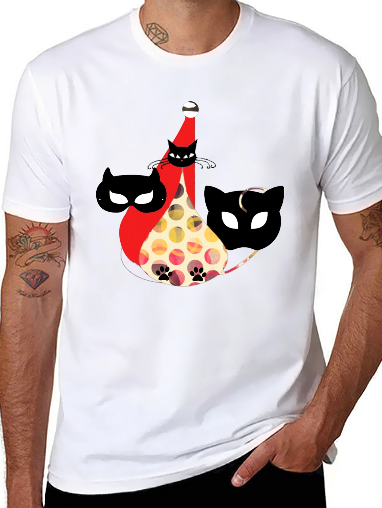 Whimsical Cat Print Black T-Shirt