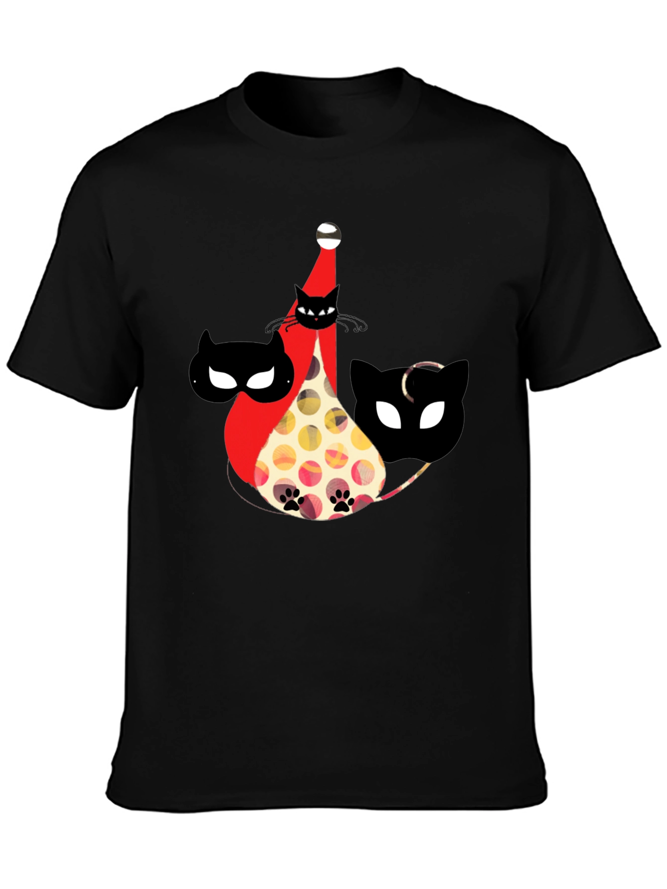 Whimsical Cat Print Black T-Shirt