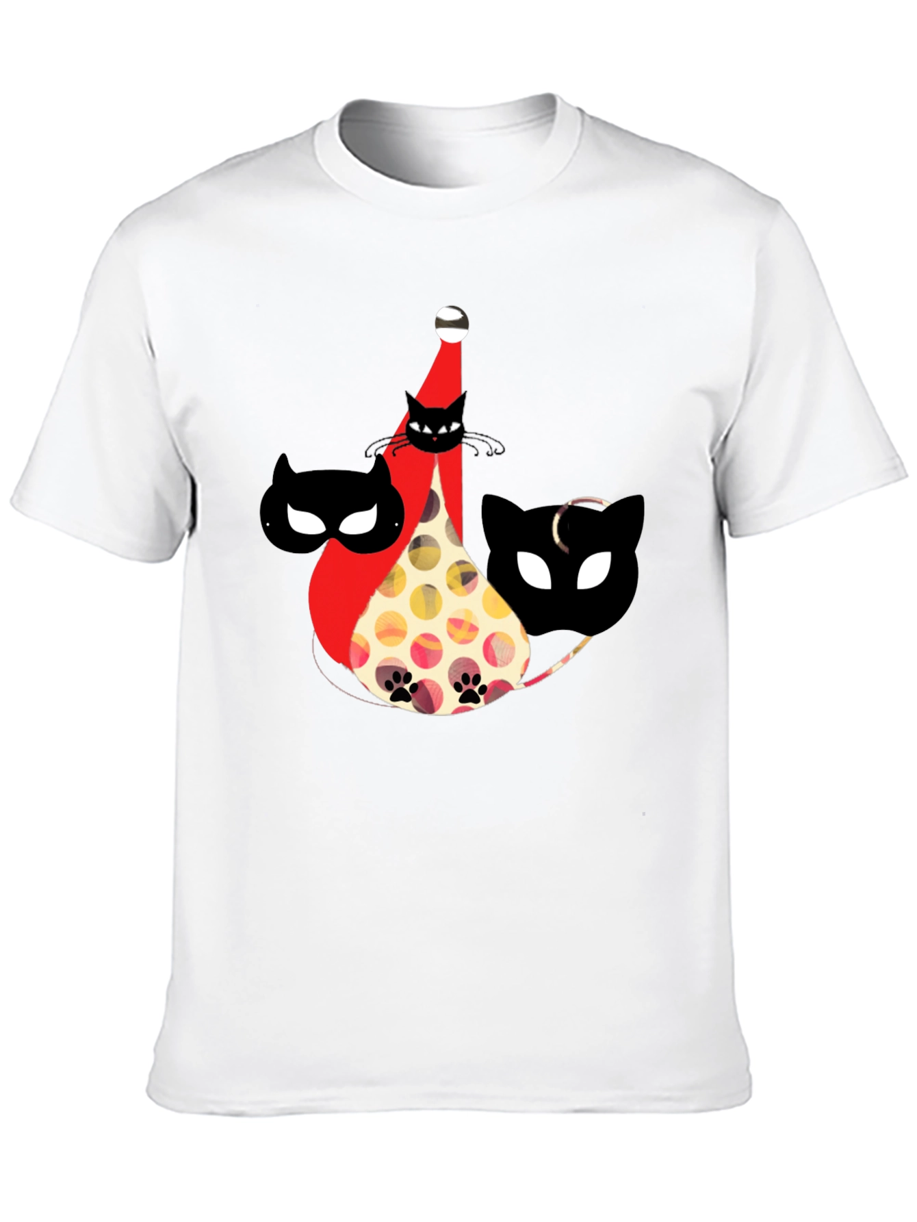Whimsical Cat Print Black T-Shirt