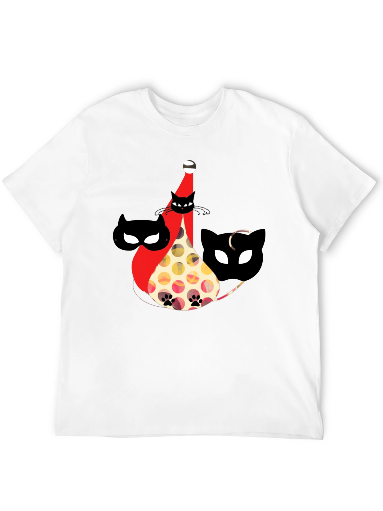 Whimsical Cat Print Black T-Shirt