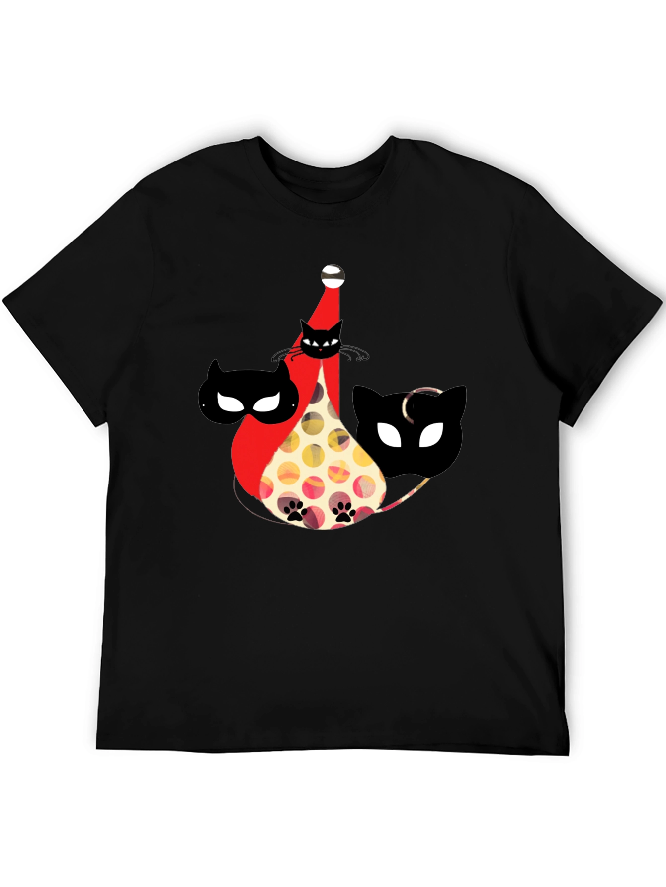 Whimsical Cat Print Black T-Shirt