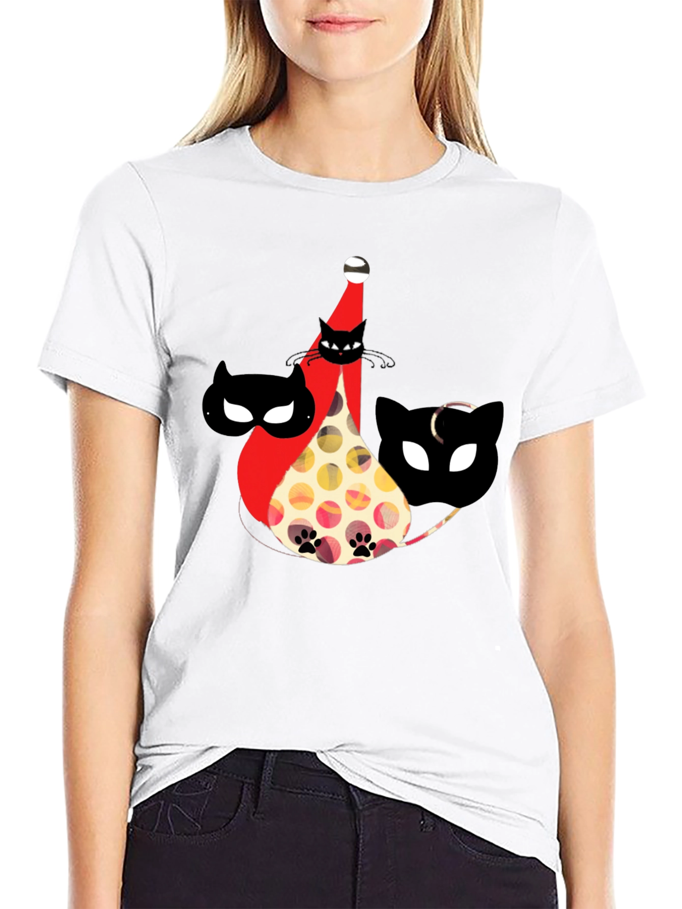 Whimsical Cat Print Black T-Shirt