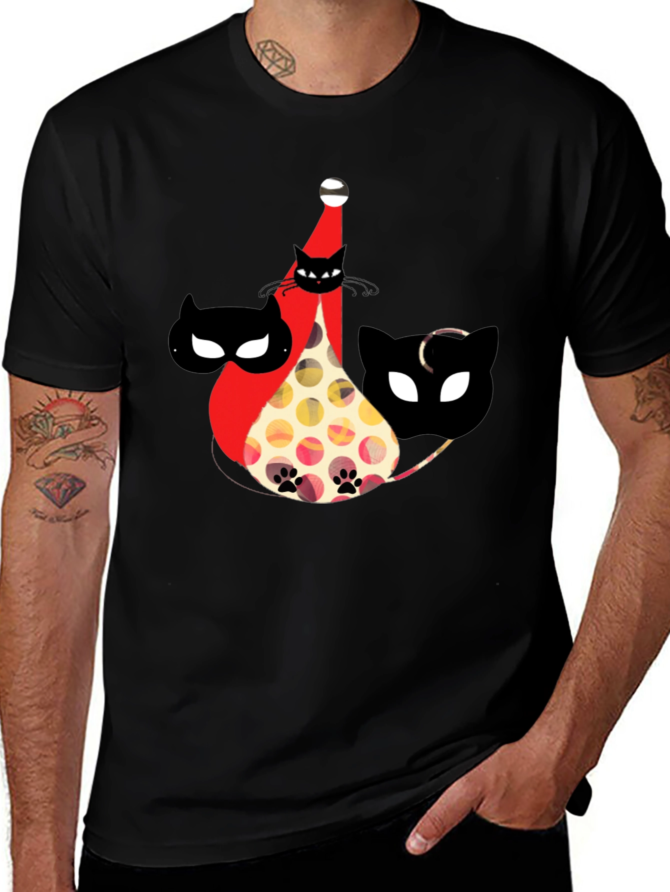 Whimsical Cat Print Black T-Shirt