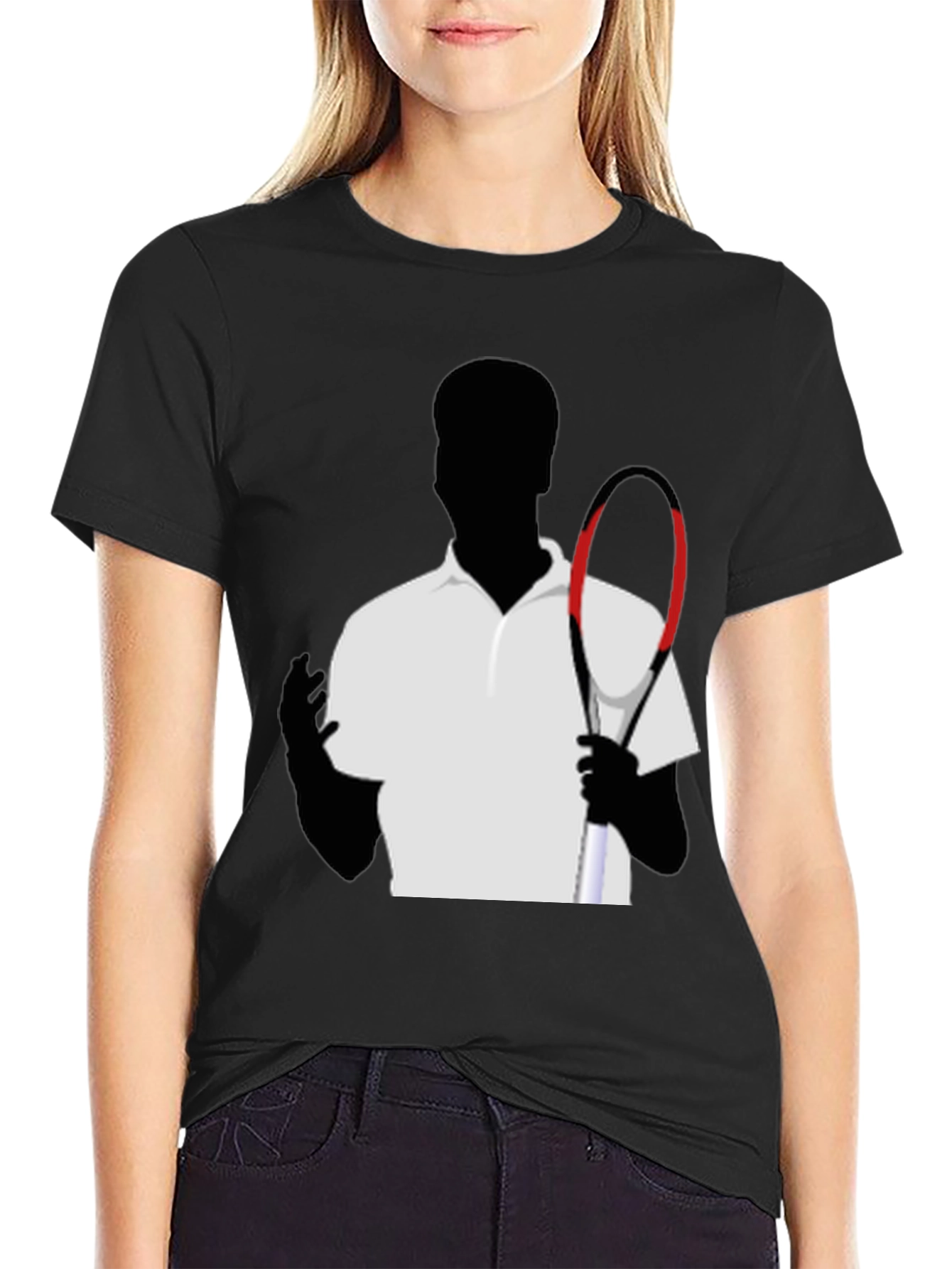 Tennis Player Silhouette Graphic Tee - Black Cotton Shirt
