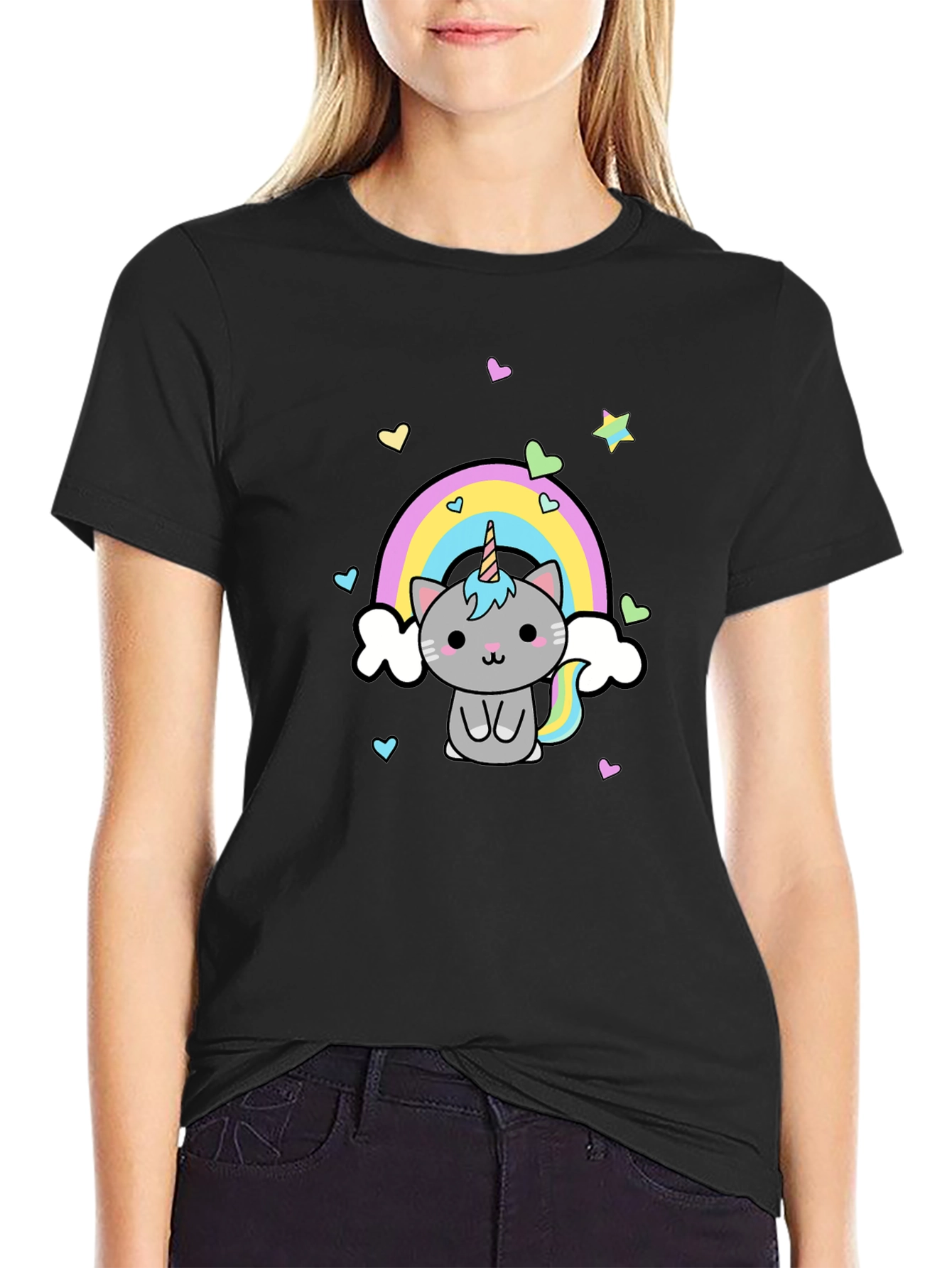Cute Unicorn Cat Rainbow Graphic T-Shirt