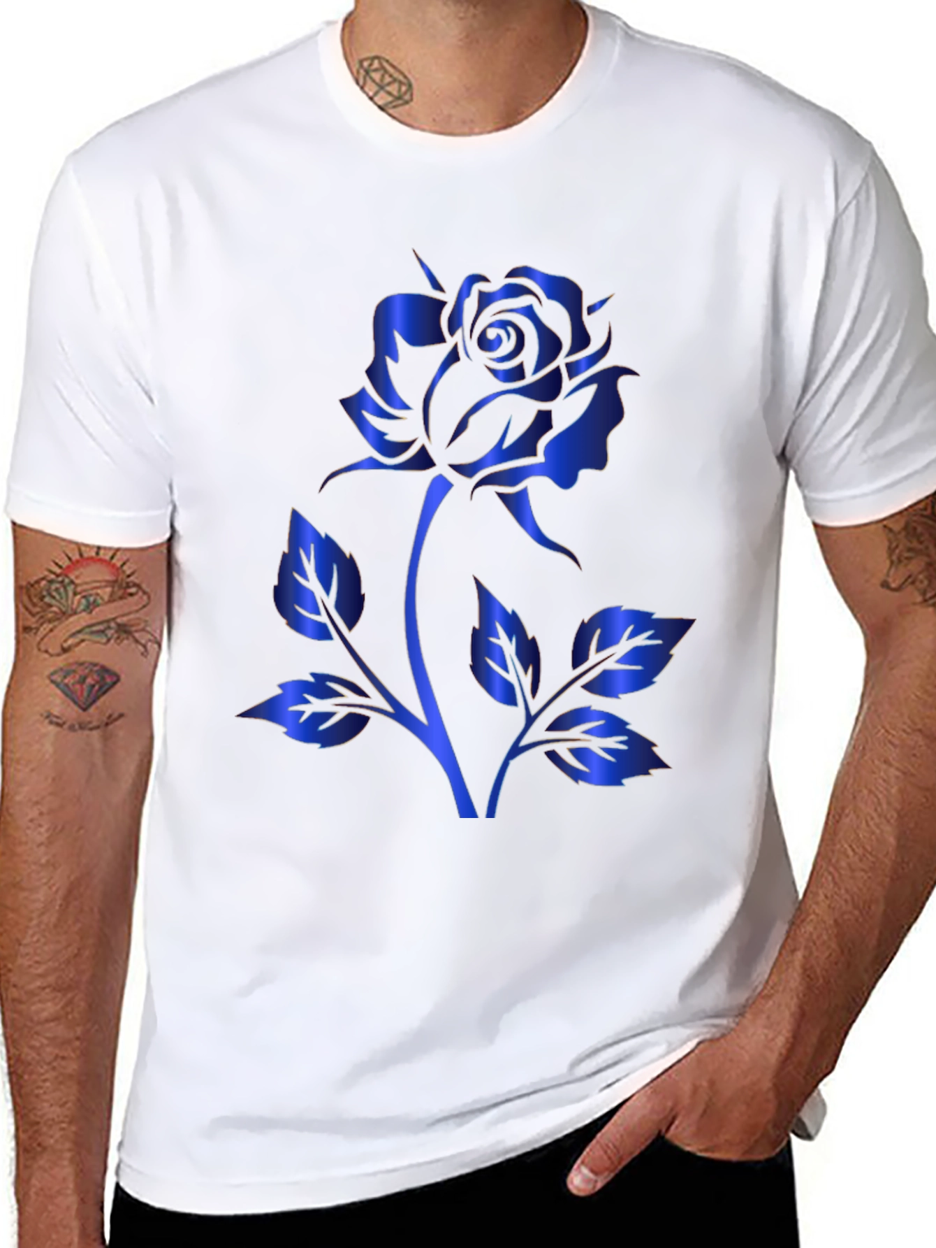 Black T-Shirt with Blue Rose Design