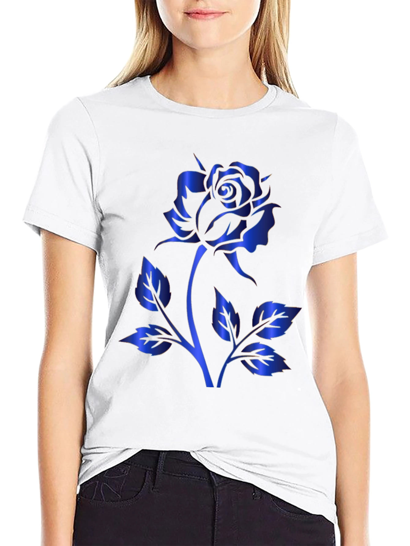 Black T-Shirt with Blue Rose Design