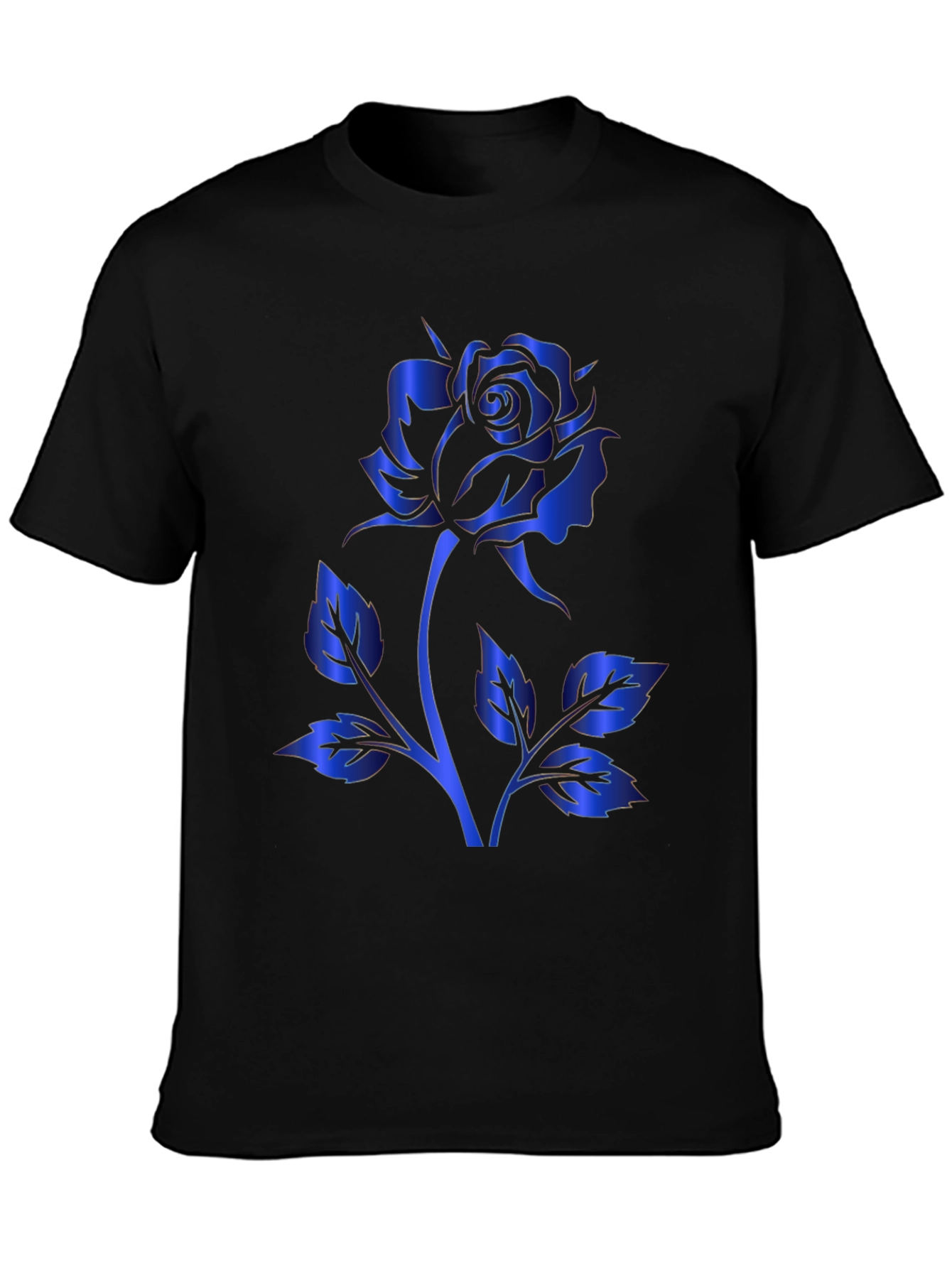 Black T-Shirt with Blue Rose Design