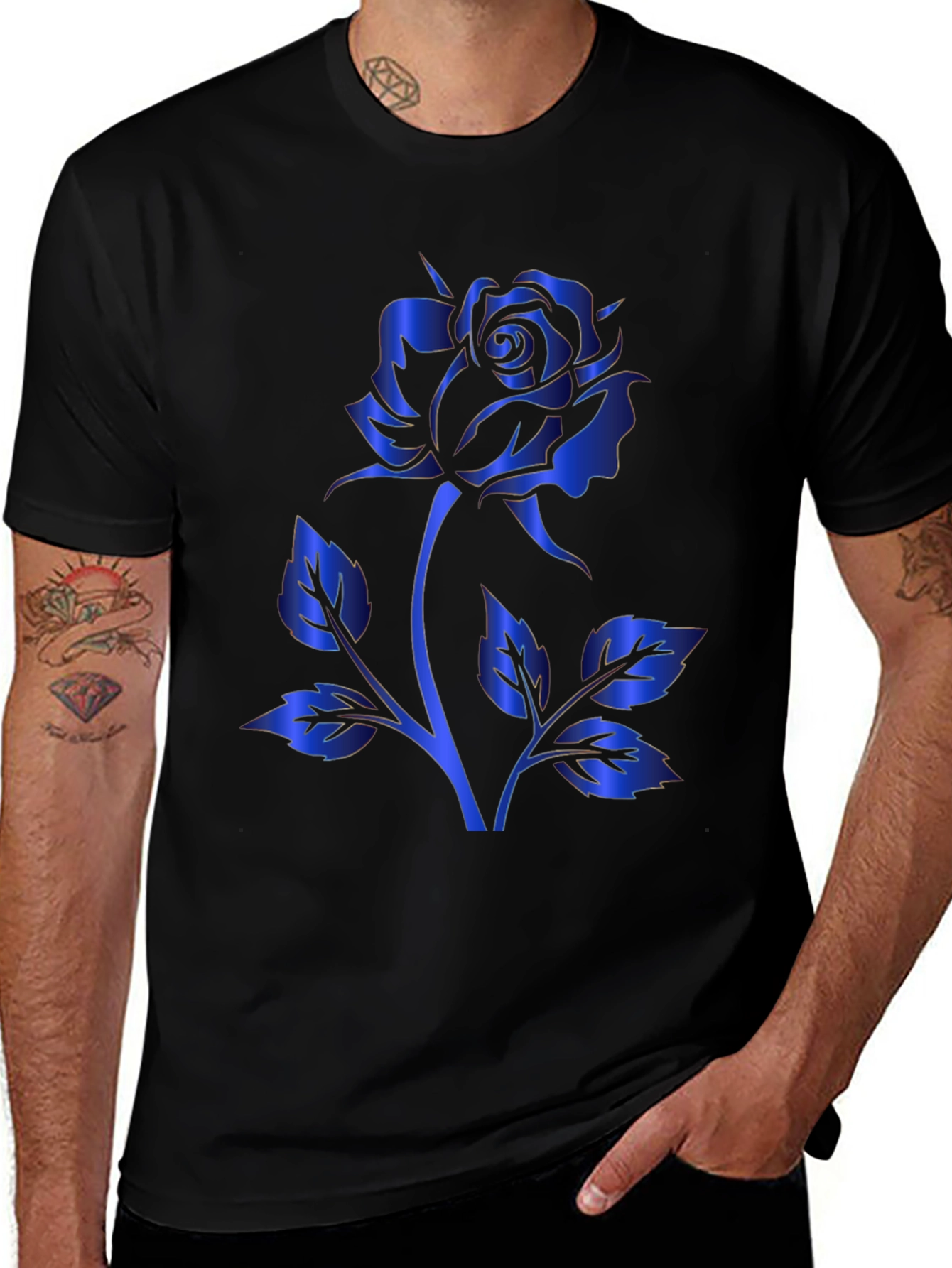Black T-Shirt with Blue Rose Design
