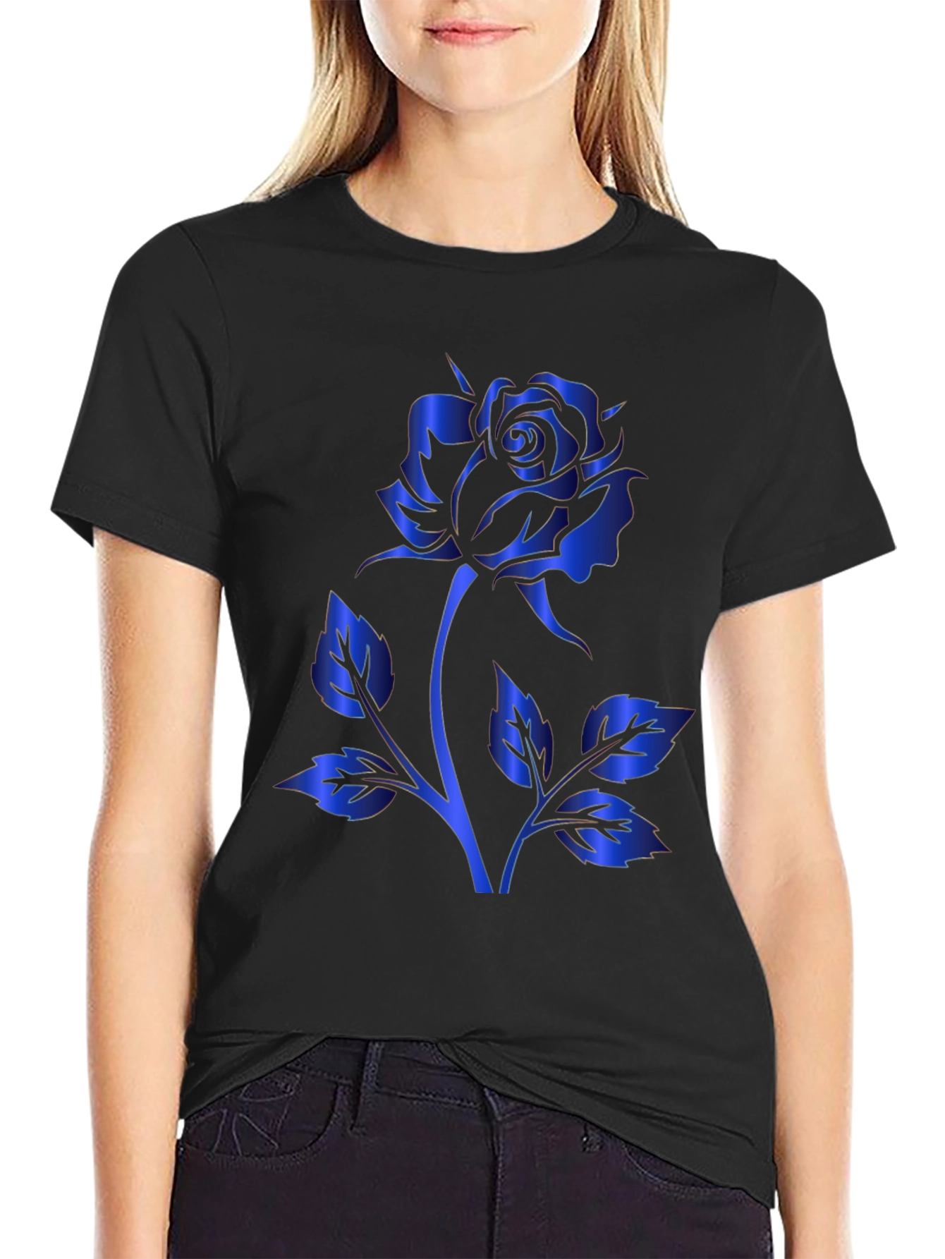 Black T-Shirt with Blue Rose Design